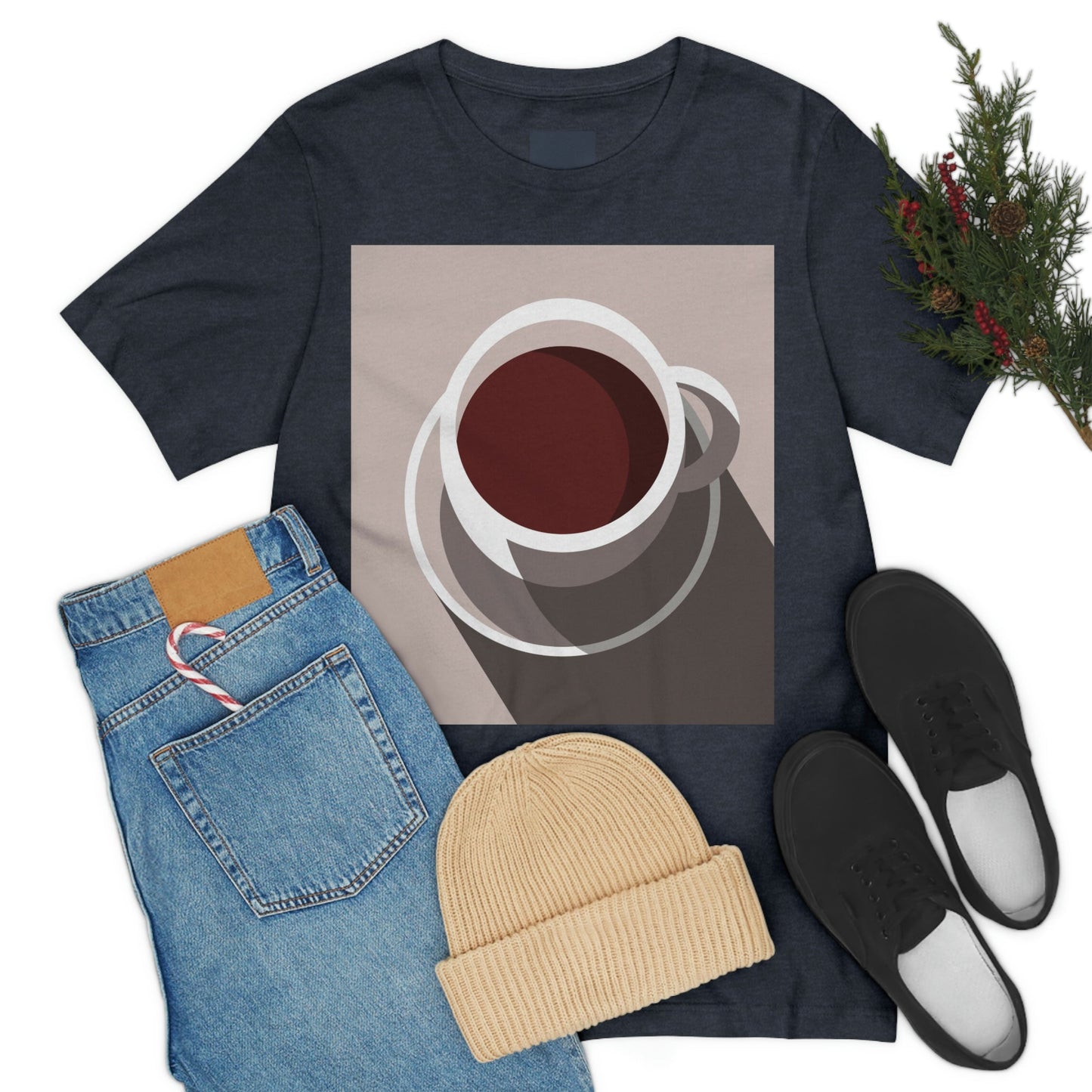 Cup Of Coffee Minimal Art Aesthetic Beige Unisex Jersey Short Sleeve T-Shirt Ichaku [Perfect Gifts Selection]