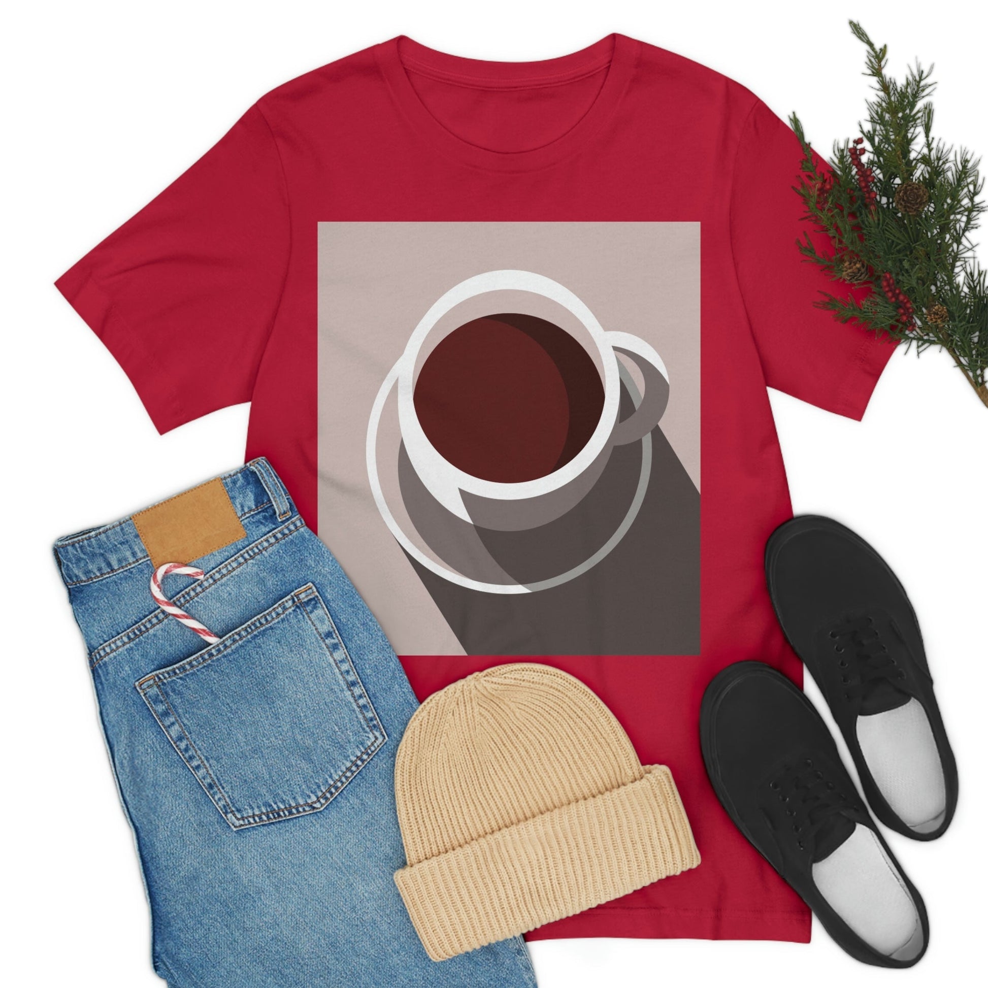 Cup Of Coffee Minimal Art Aesthetic Beige Unisex Jersey Short Sleeve T-Shirt Ichaku [Perfect Gifts Selection]