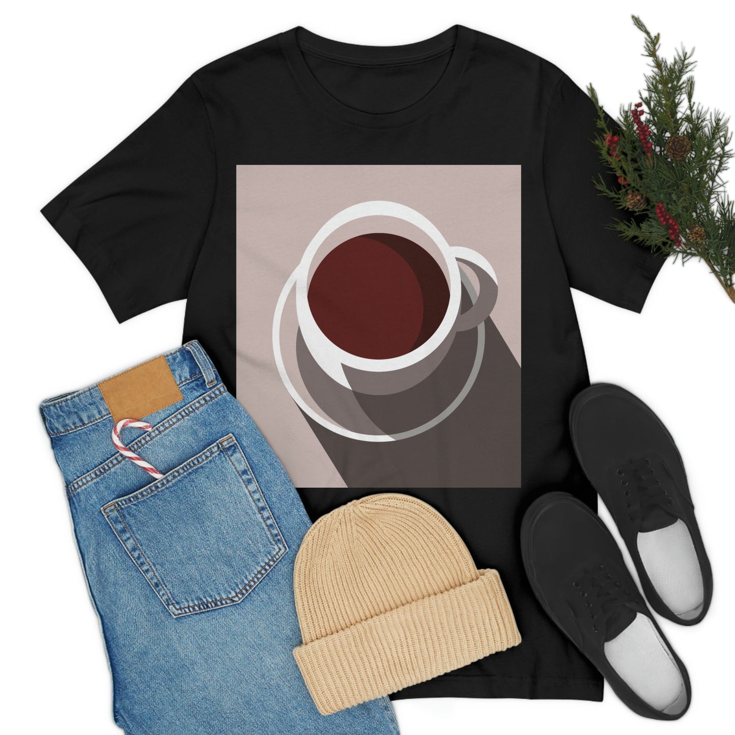 Cup Of Coffee Minimal Art Aesthetic Beige Unisex Jersey Short Sleeve T-Shirt Ichaku [Perfect Gifts Selection]