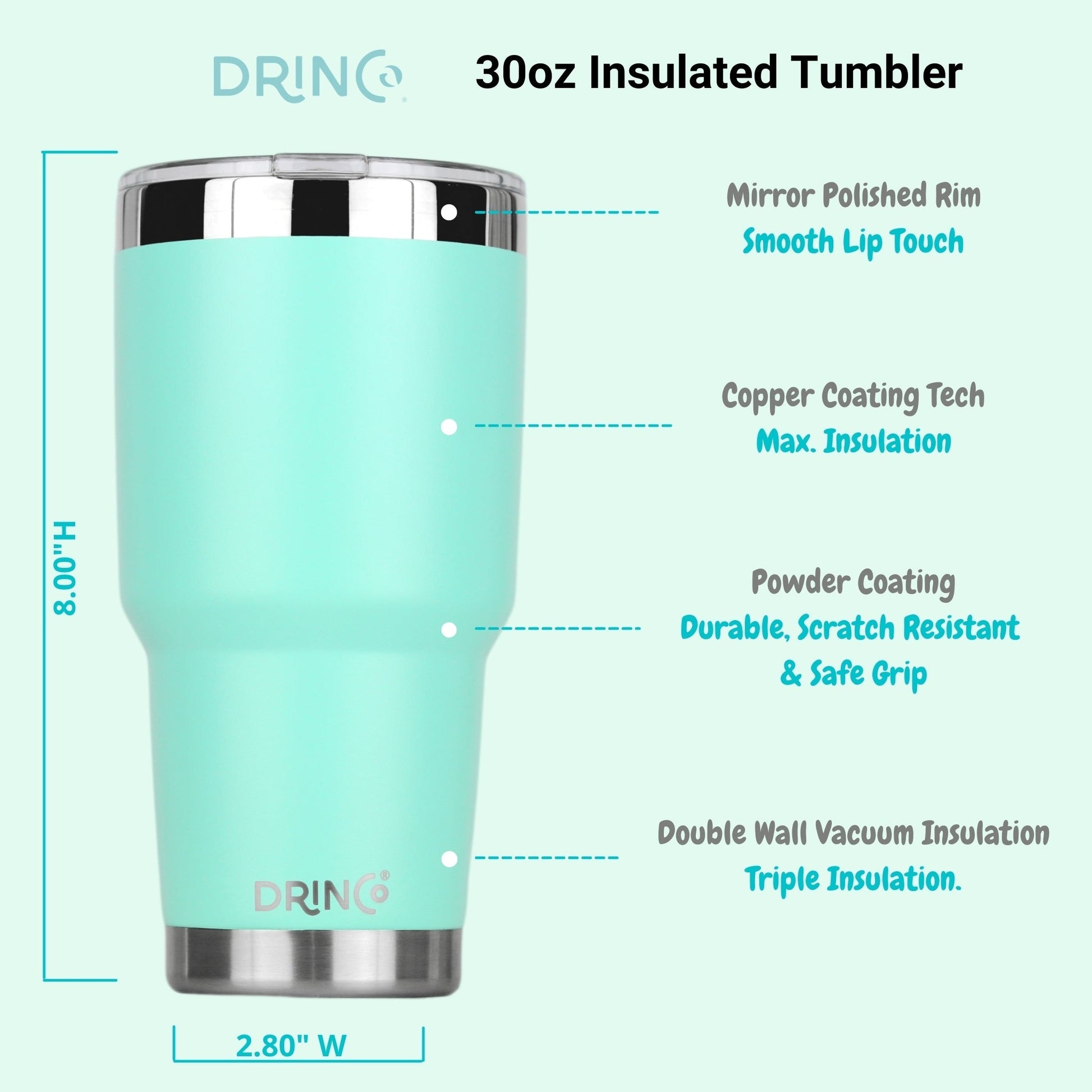 DRINCO® 30oz Insulated Tumbler Spill Proof Lid w/2 Straws (Teal) Ichaku [Perfect Gifts Selection]