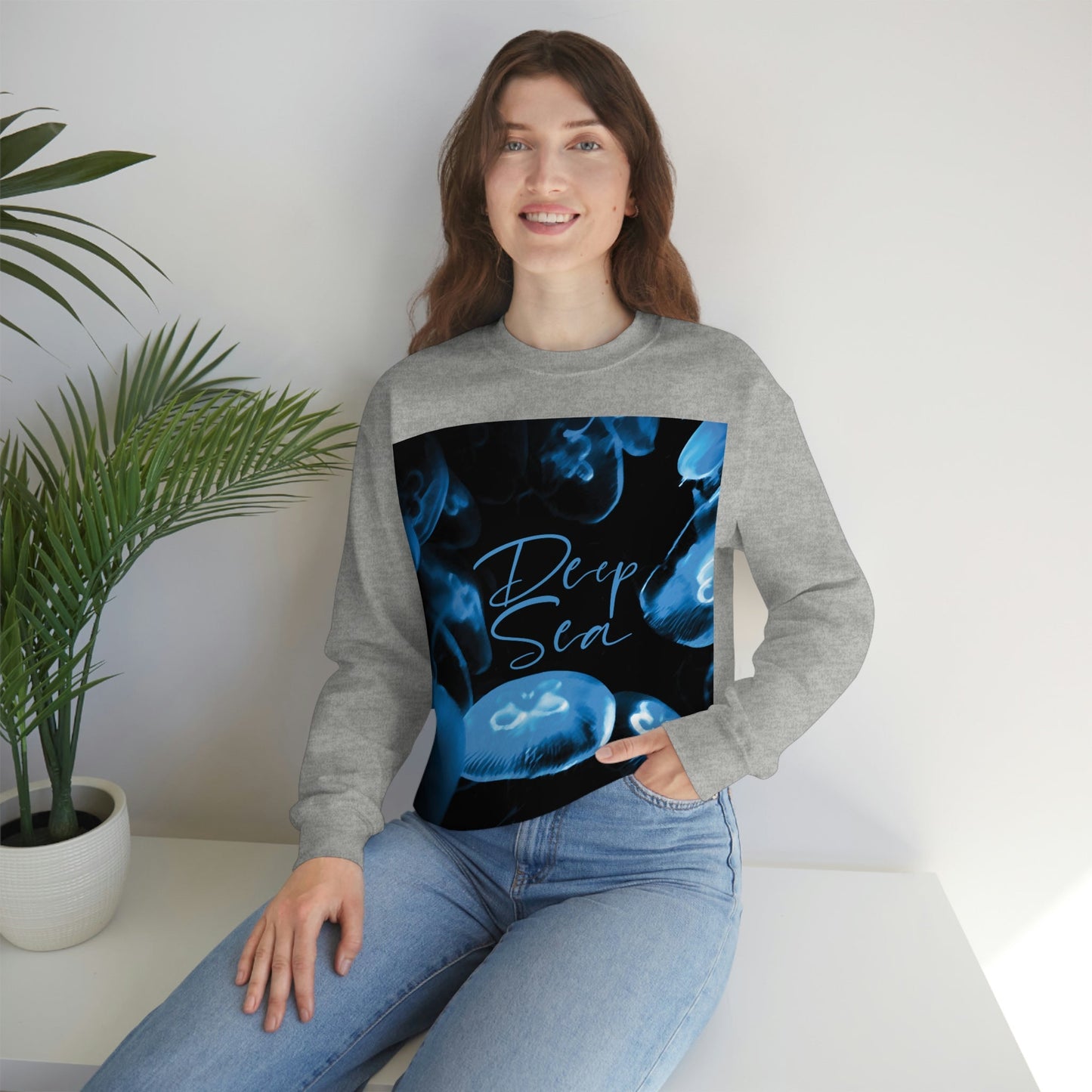 Deep Sea Jellyfish Silhouette Eco Friendly Life Sign Unisex Heavy Blend™ Crewneck Sweatshirt Ichaku [Perfect Gifts Selection]