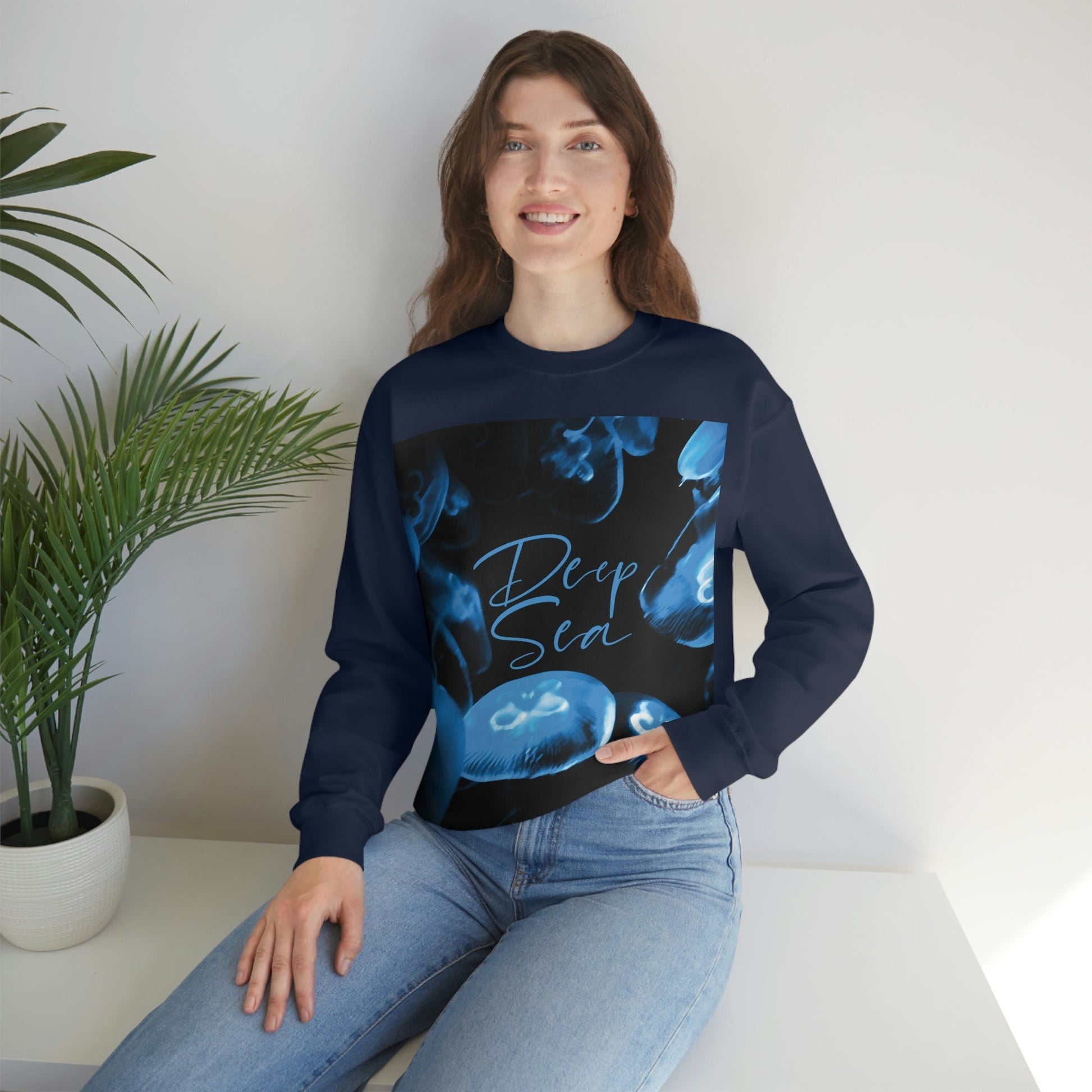 Deep Sea Jellyfish Silhouette Eco Friendly Life Sign Unisex Heavy Blend™ Crewneck Sweatshirt Ichaku [Perfect Gifts Selection]