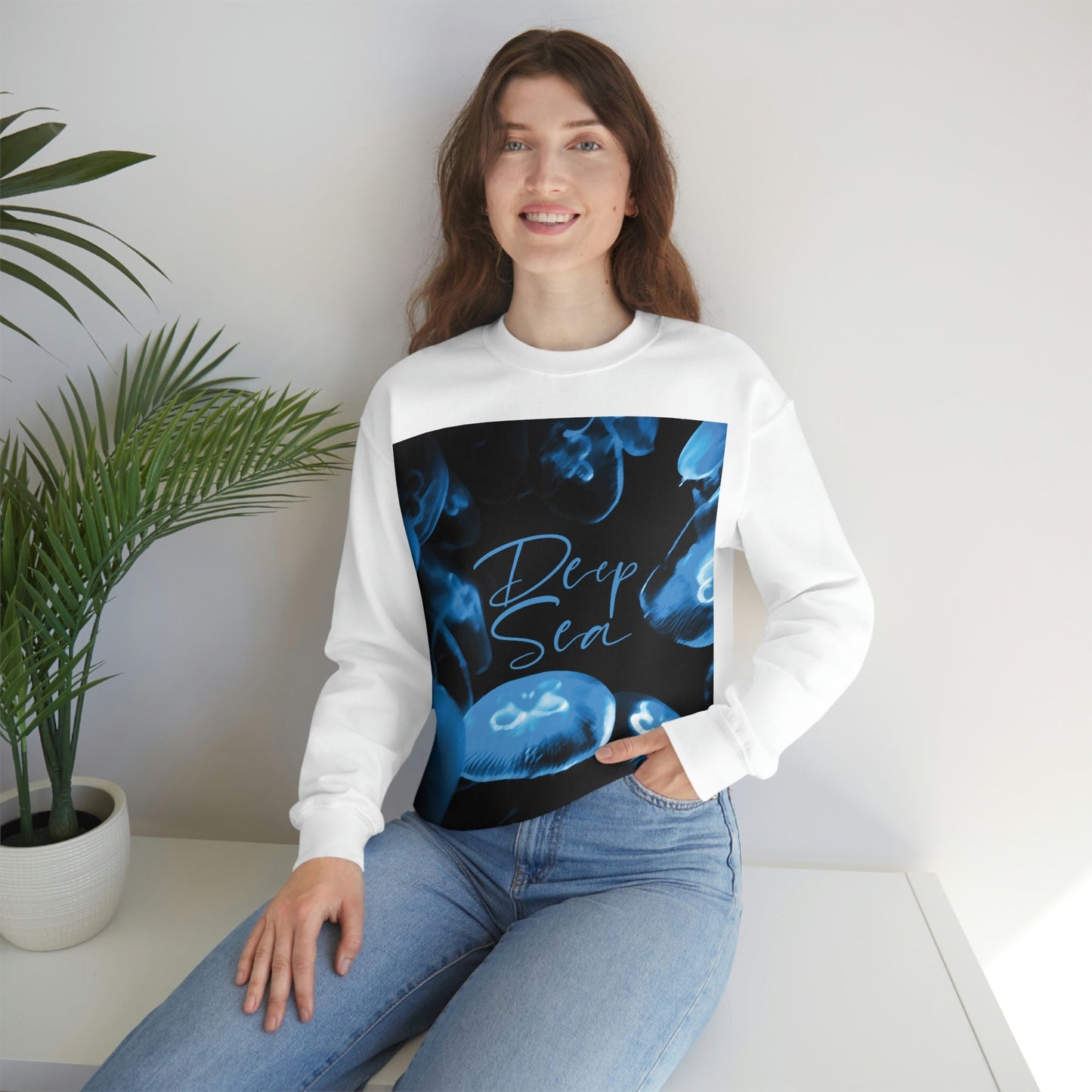 Deep Sea Jellyfish Silhouette Eco Friendly Life Sign Unisex Heavy Blend™ Crewneck Sweatshirt Ichaku [Perfect Gifts Selection]