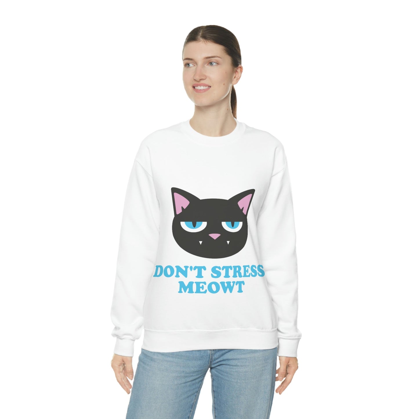 Don't Stress Meowt Funny Cat Meme Quotes Blue Text Unisex Heavy Blend™ Crewneck Sweatshirt Ichaku [Perfect Gifts Selection]