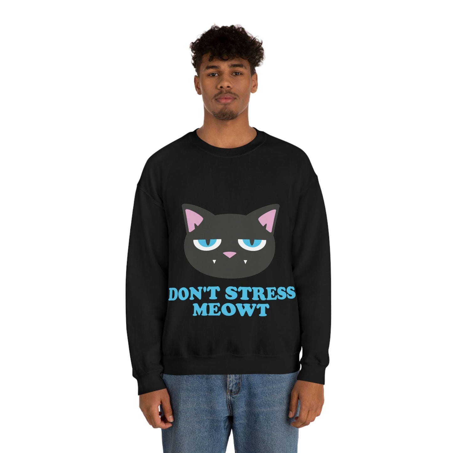 Don't Stress Meowt Funny Cat Meme Quotes Blue Text Unisex Heavy Blend™ Crewneck Sweatshirt Ichaku [Perfect Gifts Selection]