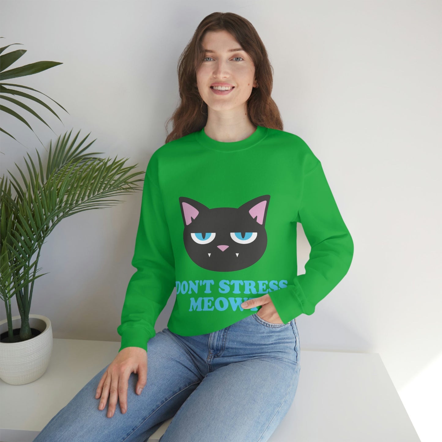 Don't Stress Meowt Funny Cat Meme Quotes Blue Text Unisex Heavy Blend™ Crewneck Sweatshirt Ichaku [Perfect Gifts Selection]