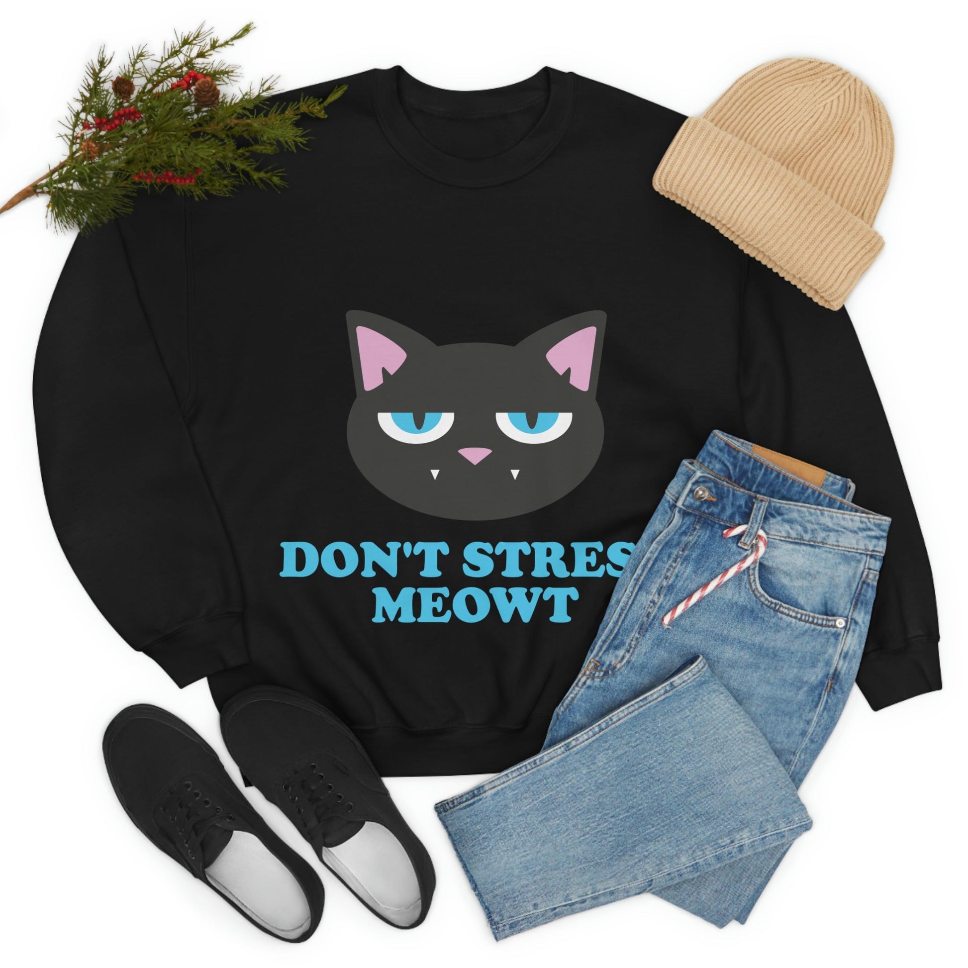 Don't Stress Meowt Funny Cat Meme Quotes Blue Text Unisex Heavy Blend™ Crewneck Sweatshirt Ichaku [Perfect Gifts Selection]