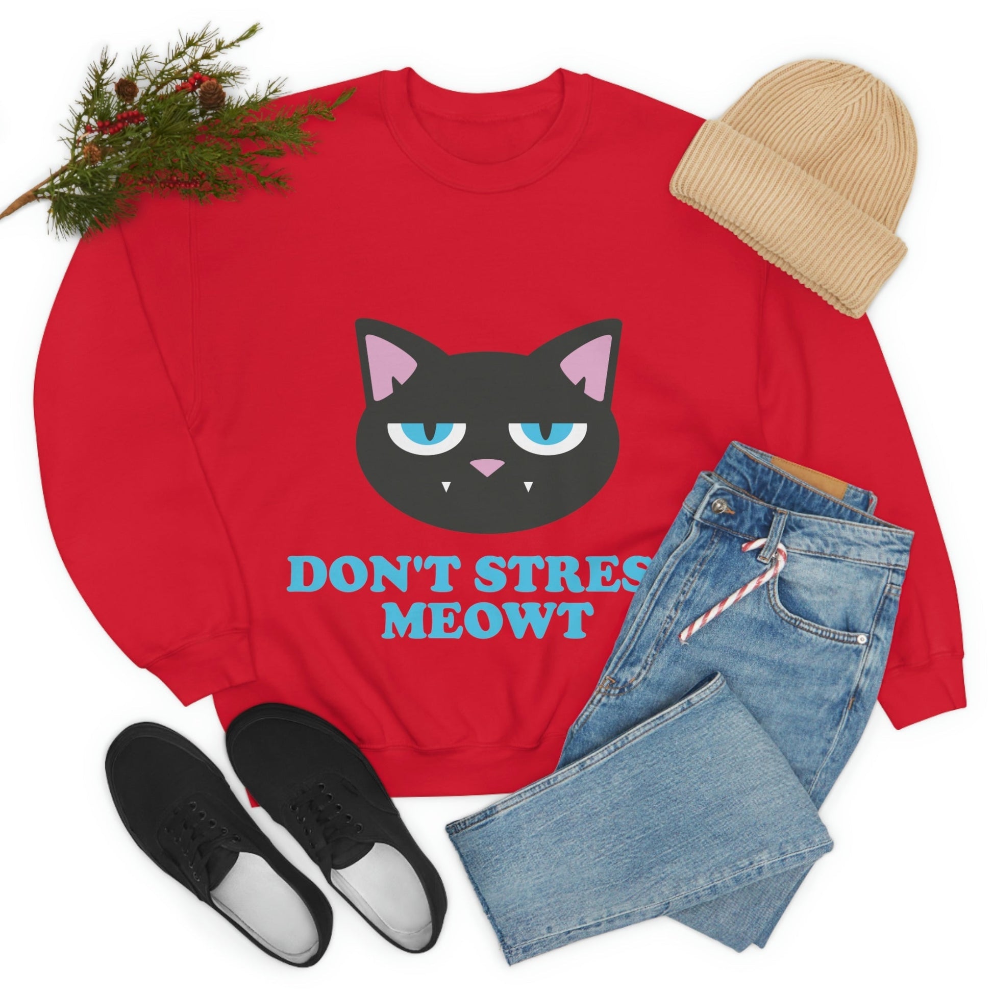 Don't Stress Meowt Funny Cat Meme Quotes Blue Text Unisex Heavy Blend™ Crewneck Sweatshirt Ichaku [Perfect Gifts Selection]