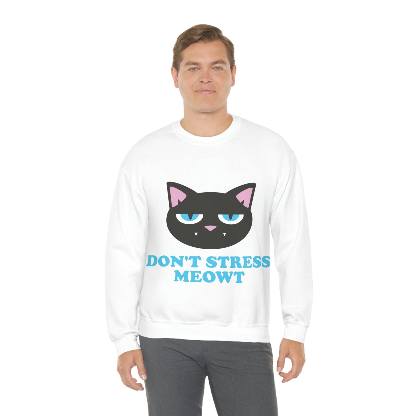 Don't Stress Meowt Funny Cat Meme Quotes Blue Text Unisex Heavy Blend™ Crewneck Sweatshirt Ichaku [Perfect Gifts Selection]