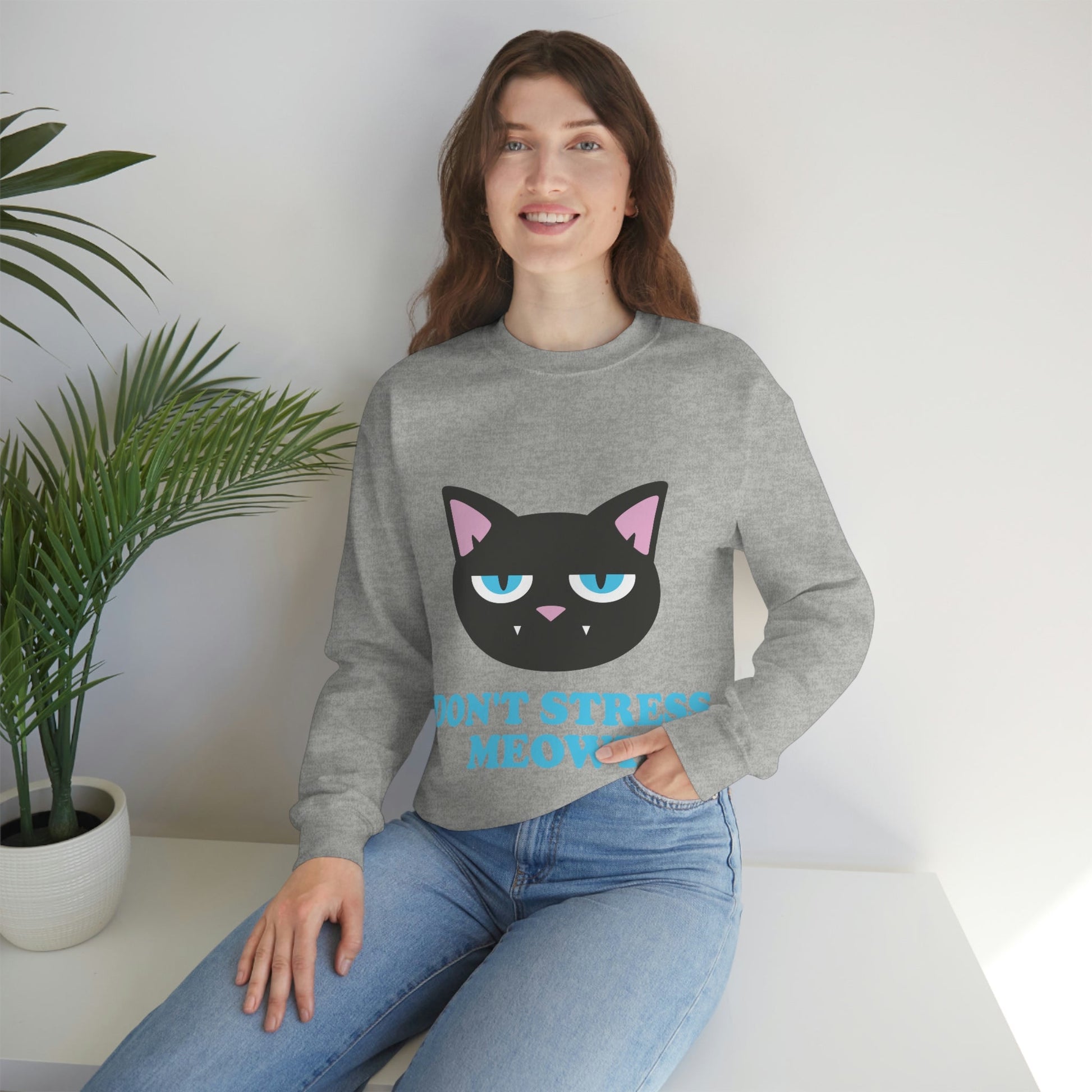 Don't Stress Meowt Funny Cat Meme Quotes Blue Text Unisex Heavy Blend™ Crewneck Sweatshirt Ichaku [Perfect Gifts Selection]