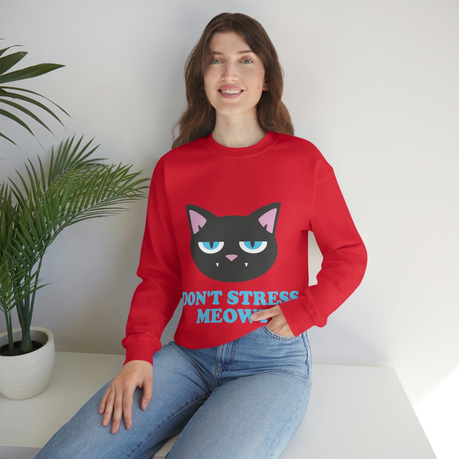 Don't Stress Meowt Funny Cat Meme Quotes Blue Text Unisex Heavy Blend™ Crewneck Sweatshirt Ichaku [Perfect Gifts Selection]