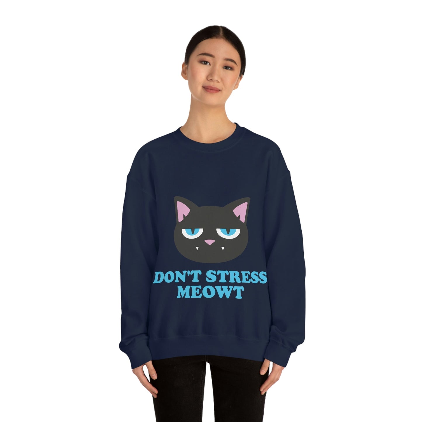 Don't Stress Meowt Funny Cat Meme Quotes Blue Text Unisex Heavy Blend™ Crewneck Sweatshirt Ichaku [Perfect Gifts Selection]