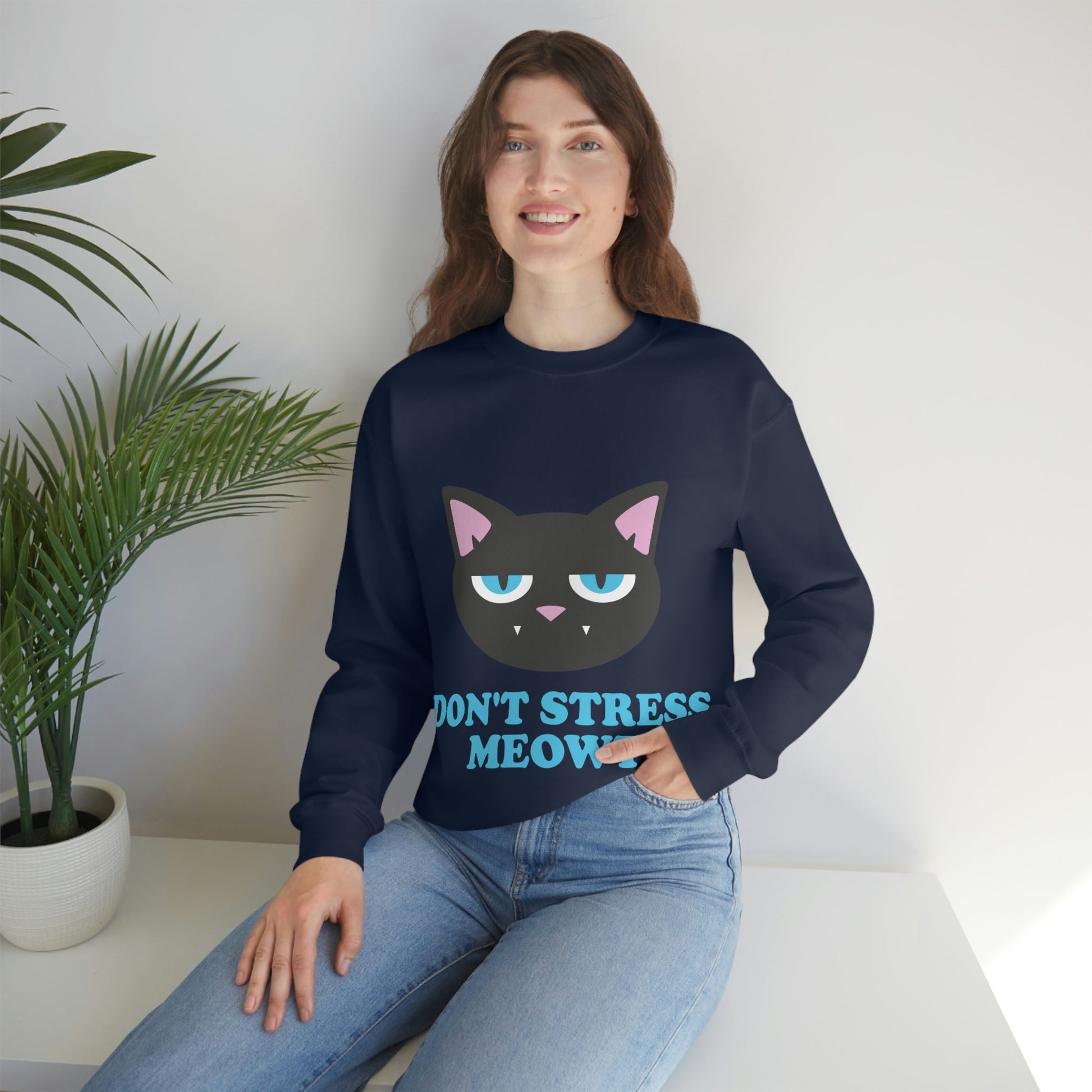 Don't Stress Meowt Funny Cat Meme Quotes Blue Text Unisex Heavy Blend™ Crewneck Sweatshirt Ichaku [Perfect Gifts Selection]