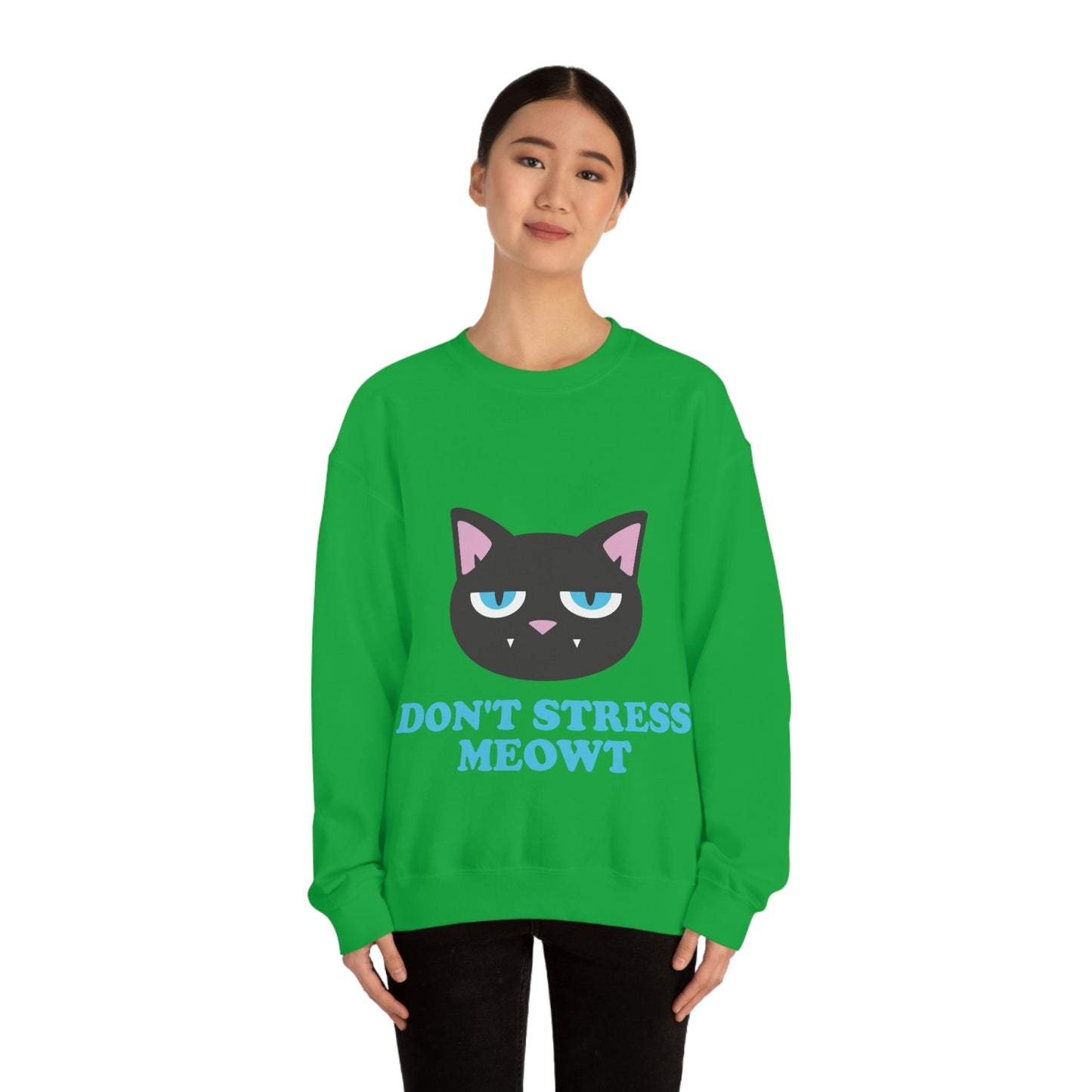 Don't Stress Meowt Funny Cat Meme Quotes Blue Text Unisex Heavy Blend™ Crewneck Sweatshirt Ichaku [Perfect Gifts Selection]