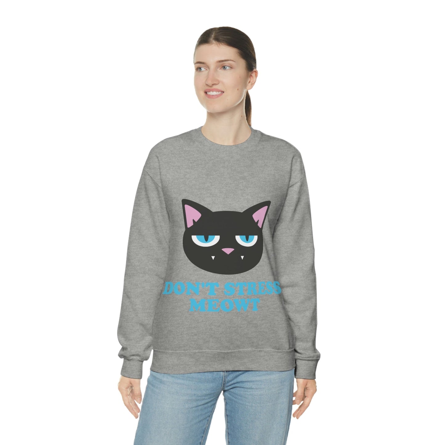 Don't Stress Meowt Funny Cat Meme Quotes Blue Text Unisex Heavy Blend™ Crewneck Sweatshirt Ichaku [Perfect Gifts Selection]