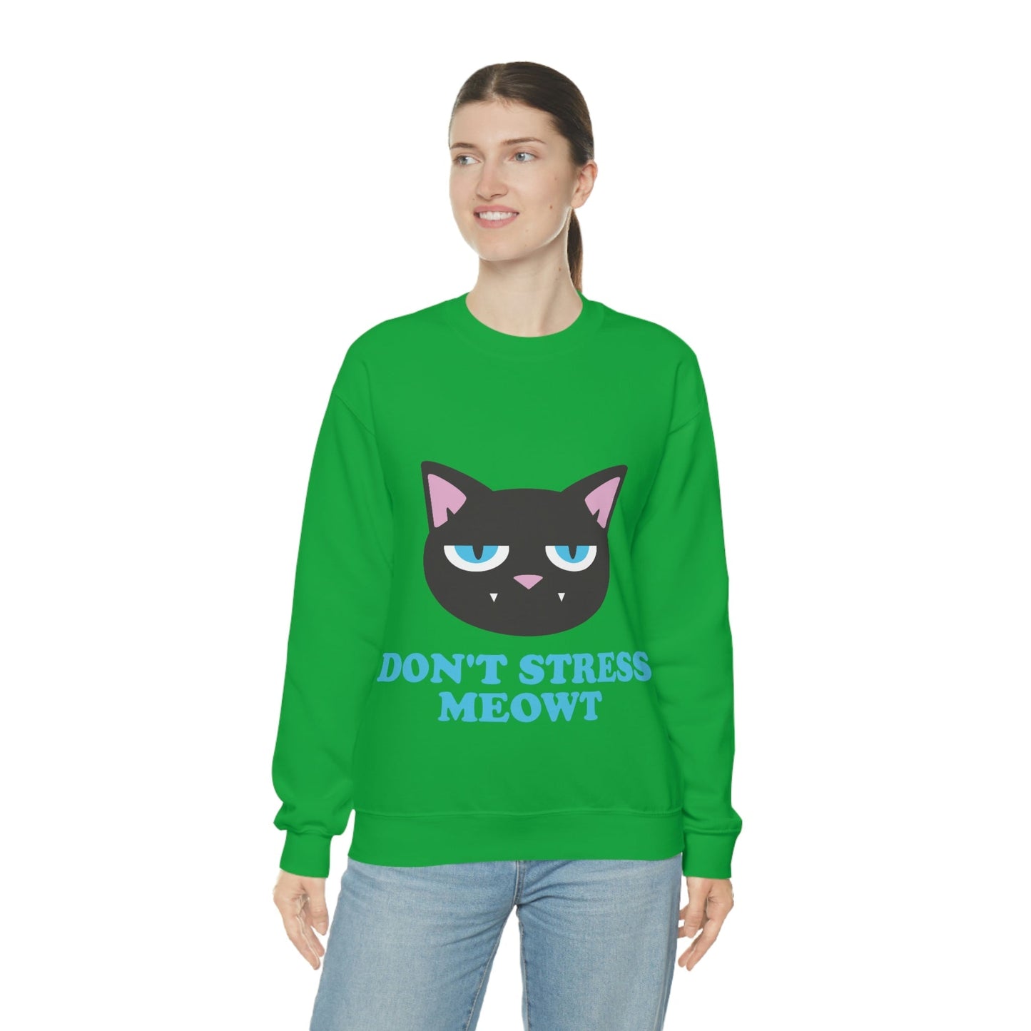 Don't Stress Meowt Funny Cat Meme Quotes Blue Text Unisex Heavy Blend™ Crewneck Sweatshirt Ichaku [Perfect Gifts Selection]