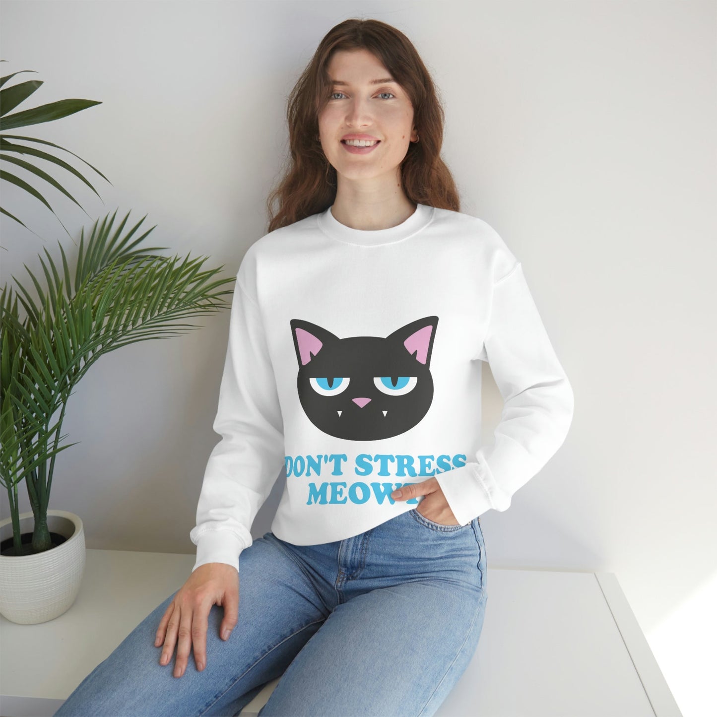 Don't Stress Meowt Funny Cat Meme Quotes Blue Text Unisex Heavy Blend™ Crewneck Sweatshirt Ichaku [Perfect Gifts Selection]