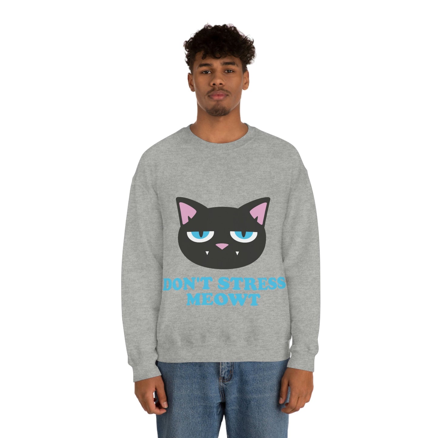 Don't Stress Meowt Funny Cat Meme Quotes Blue Text Unisex Heavy Blend™ Crewneck Sweatshirt Ichaku [Perfect Gifts Selection]