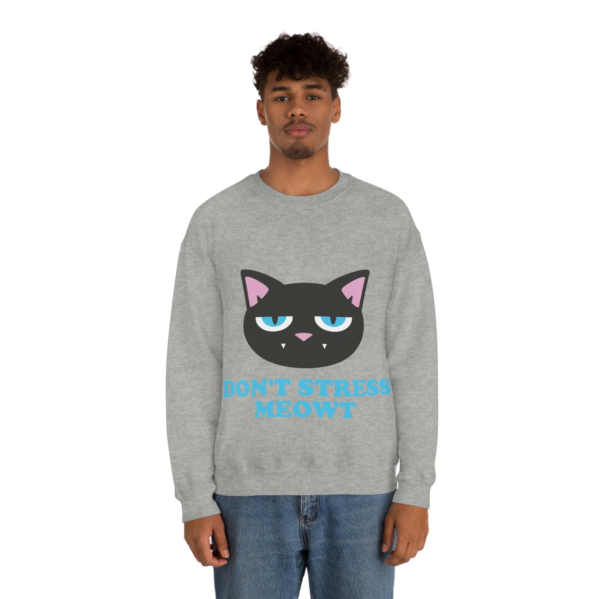 Don't Stress Meowt Funny Cat Meme Quotes Blue Text Unisex Heavy Blend™ Crewneck Sweatshirt Ichaku [Perfect Gifts Selection]