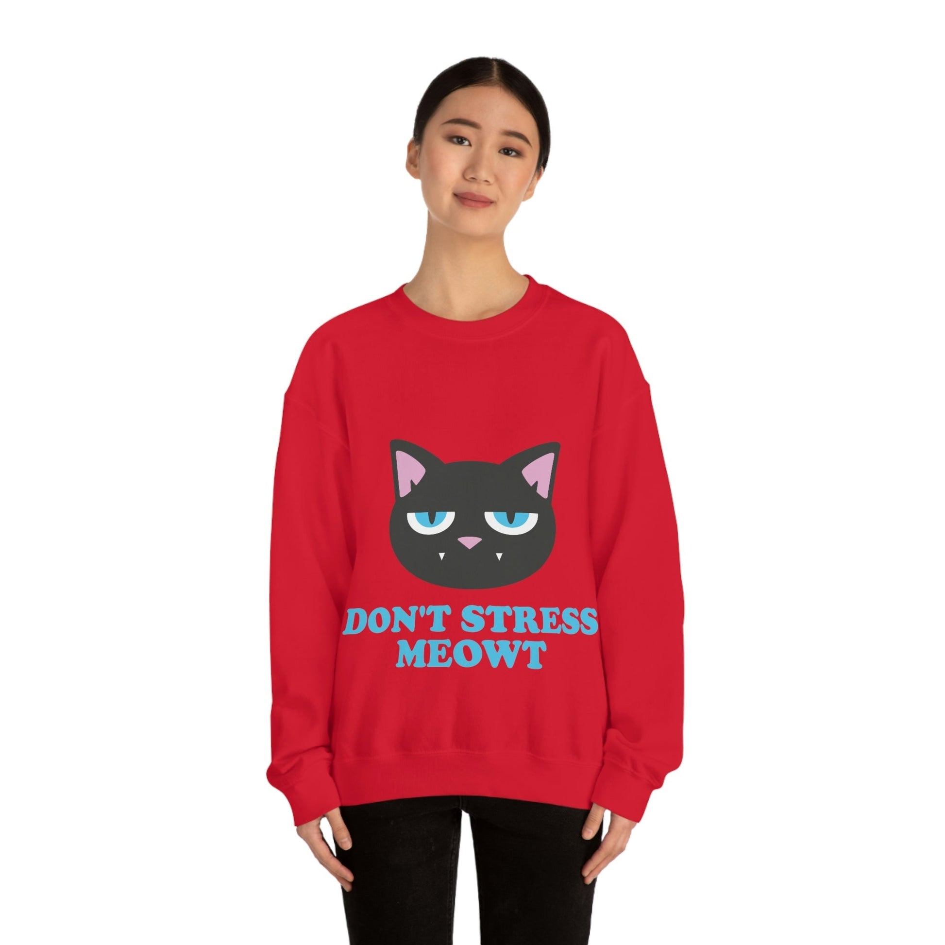 Don't Stress Meowt Funny Cat Meme Quotes Blue Text Unisex Heavy Blend™ Crewneck Sweatshirt Ichaku [Perfect Gifts Selection]