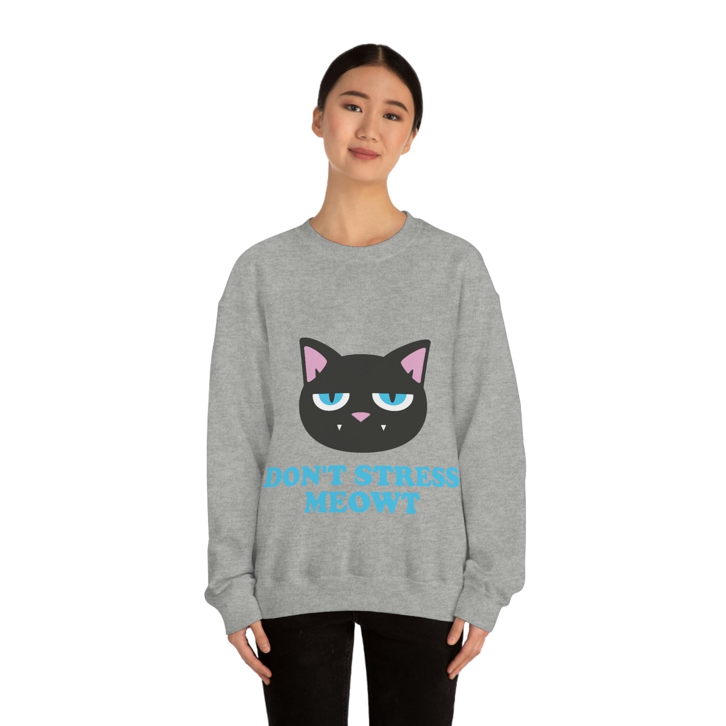 Don't Stress Meowt Funny Cat Meme Quotes Blue Text Unisex Heavy Blend™ Crewneck Sweatshirt Ichaku [Perfect Gifts Selection]