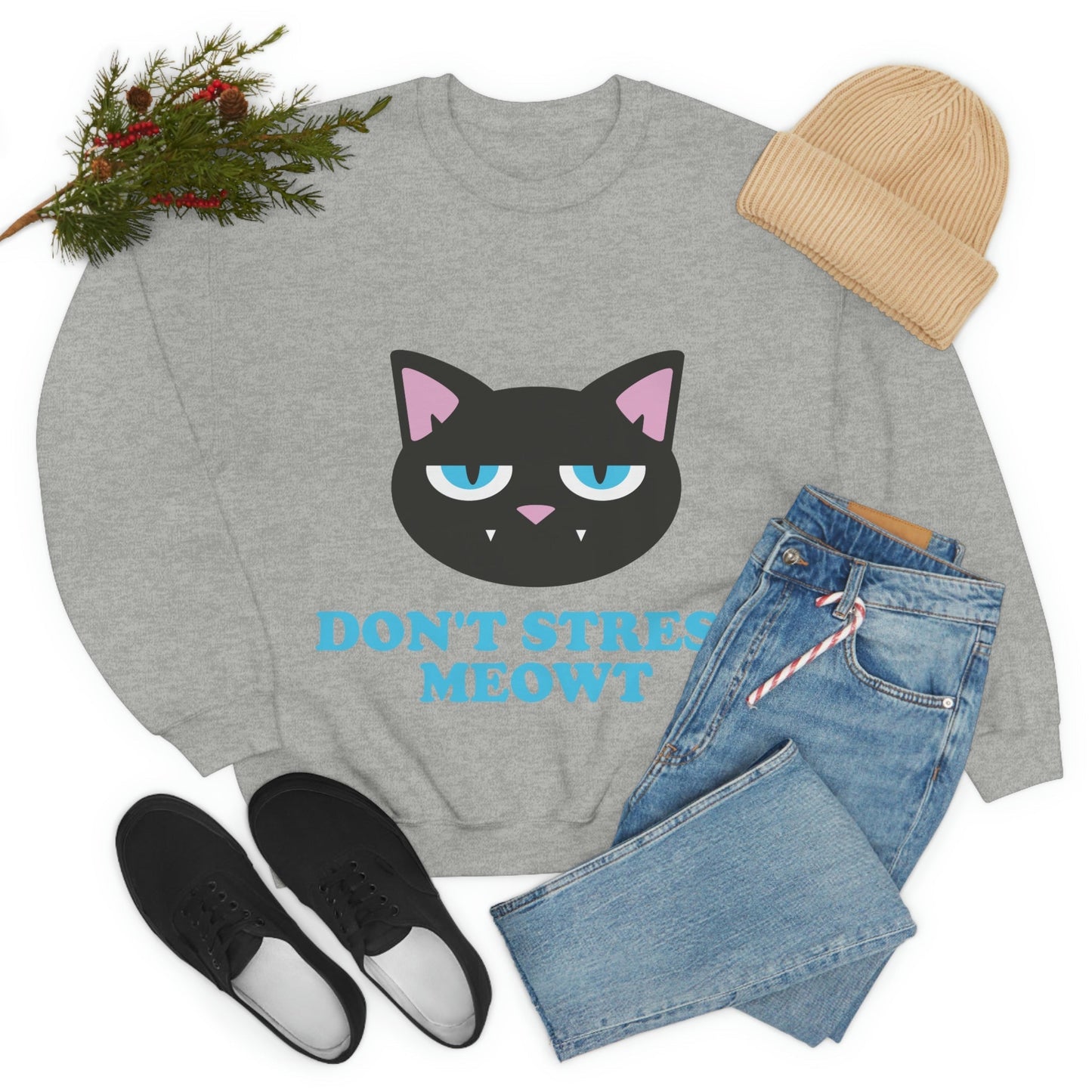 Don't Stress Meowt Funny Cat Meme Quotes Blue Text Unisex Heavy Blend™ Crewneck Sweatshirt Ichaku [Perfect Gifts Selection]