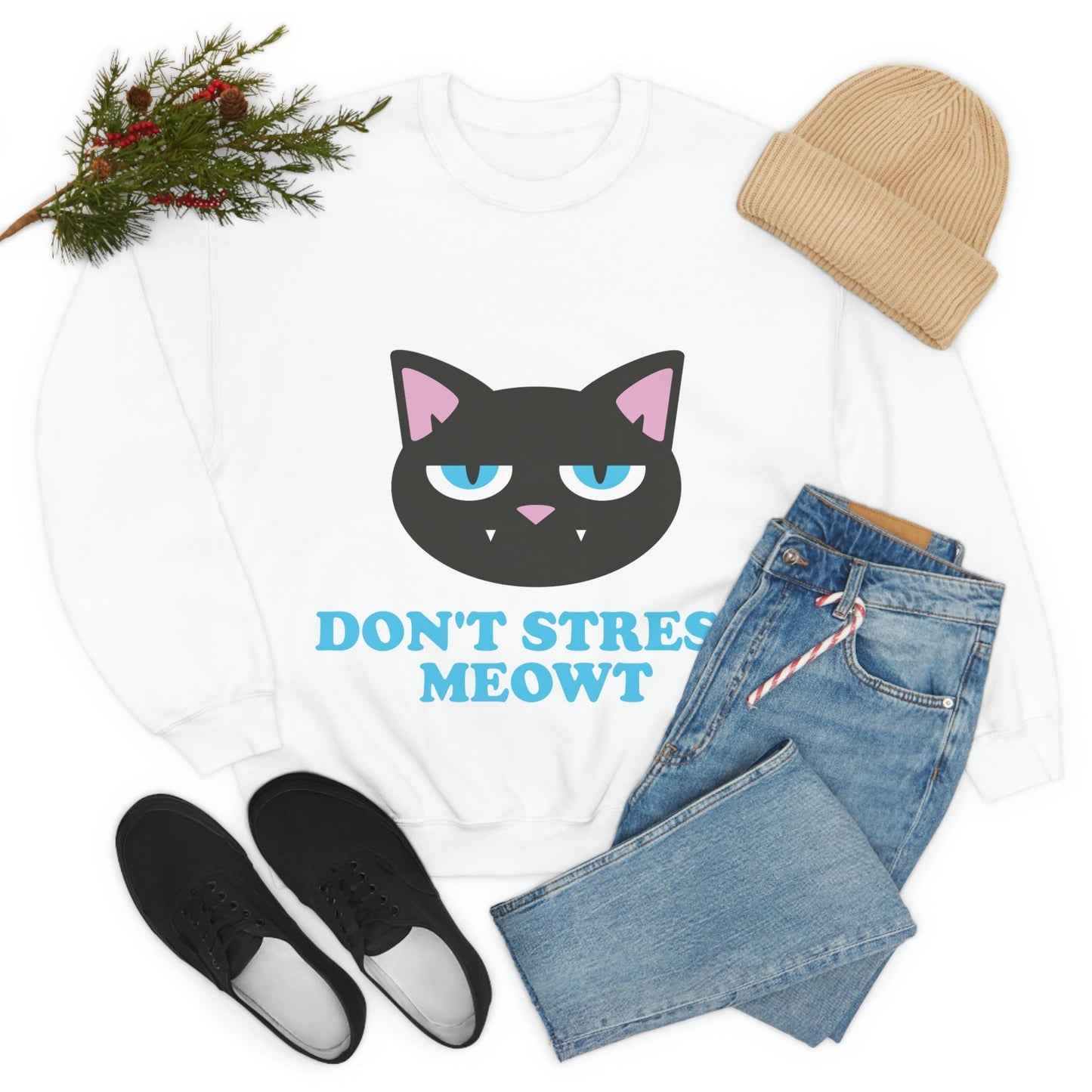 Don't Stress Meowt Funny Cat Meme Quotes Blue Text Unisex Heavy Blend™ Crewneck Sweatshirt Ichaku [Perfect Gifts Selection]