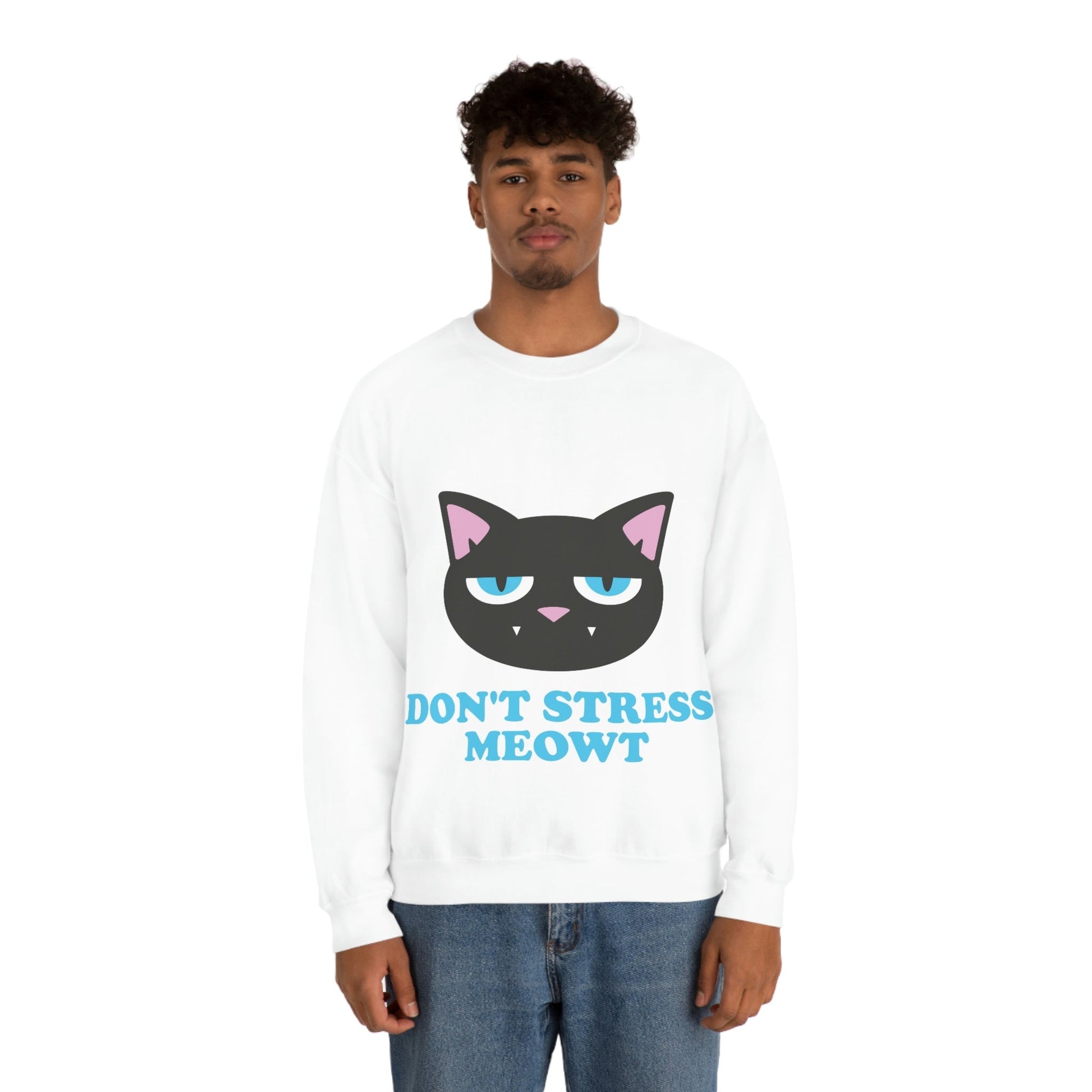 Don't Stress Meowt Funny Cat Meme Quotes Blue Text Unisex Heavy Blend™ Crewneck Sweatshirt Ichaku [Perfect Gifts Selection]