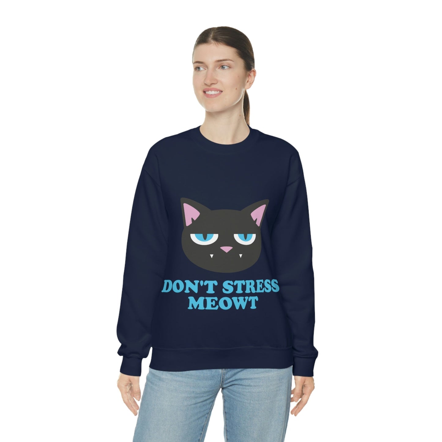 Don't Stress Meowt Funny Cat Meme Quotes Blue Text Unisex Heavy Blend™ Crewneck Sweatshirt Ichaku [Perfect Gifts Selection]