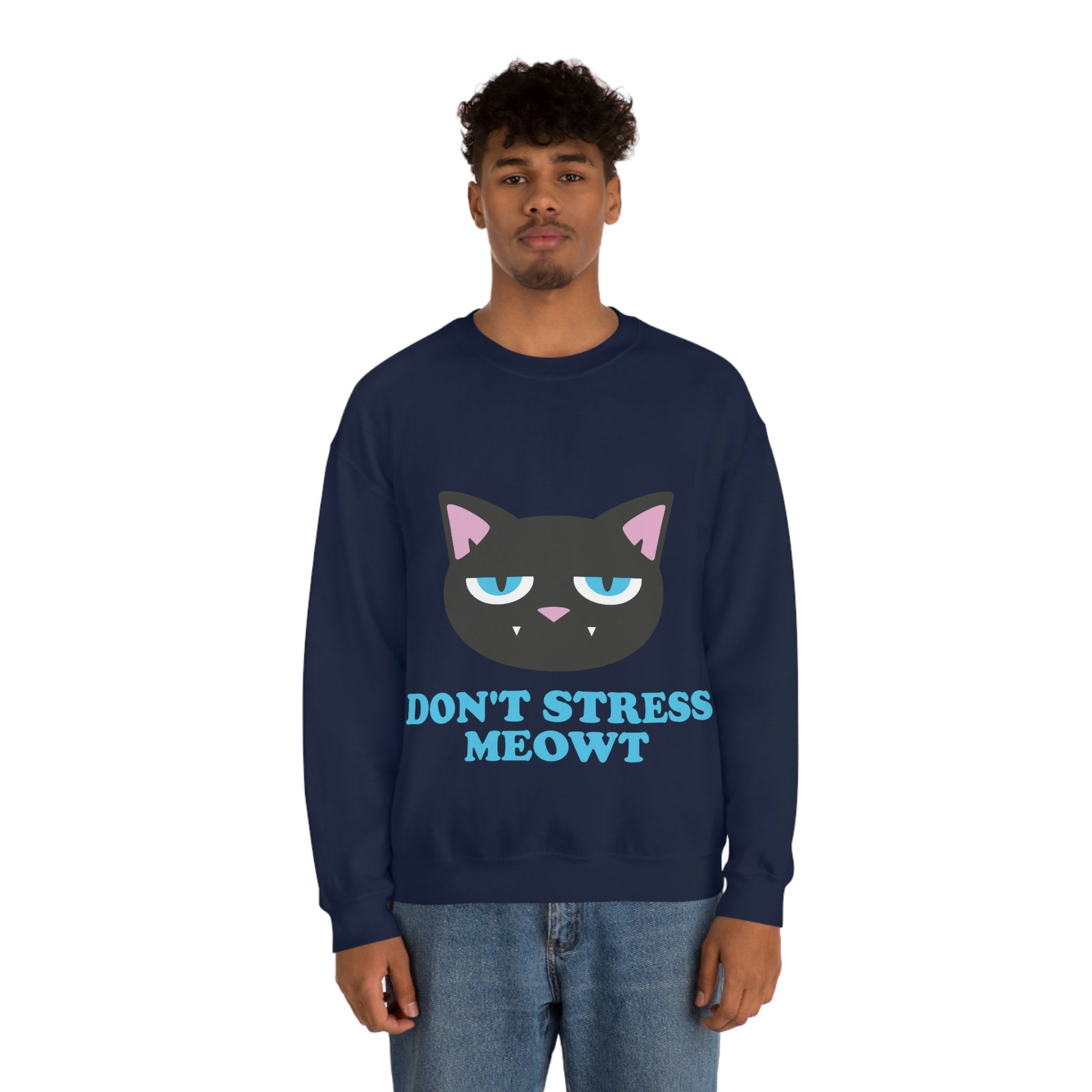 Don't Stress Meowt Funny Cat Meme Quotes Blue Text Unisex Heavy Blend™ Crewneck Sweatshirt Ichaku [Perfect Gifts Selection]