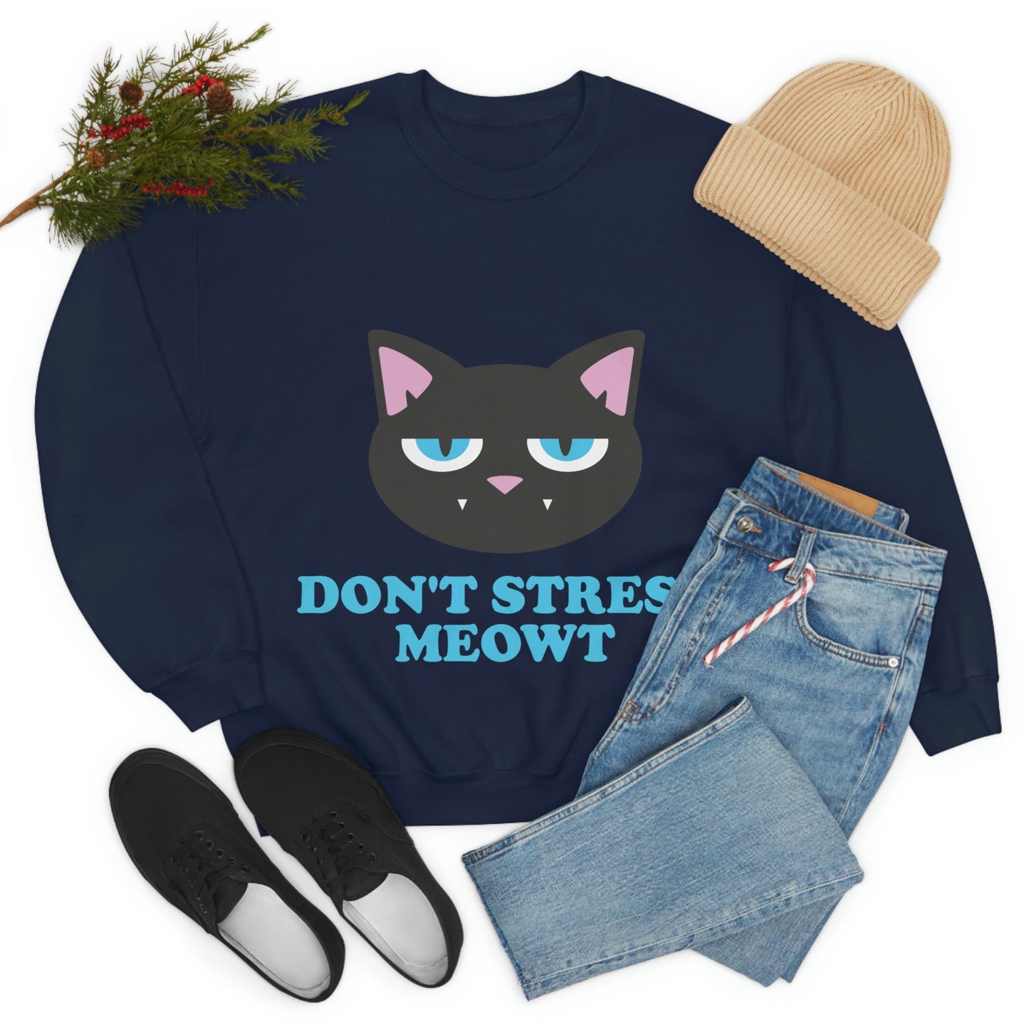 Don't Stress Meowt Funny Cat Meme Quotes Blue Text Unisex Heavy Blend™ Crewneck Sweatshirt Ichaku [Perfect Gifts Selection]