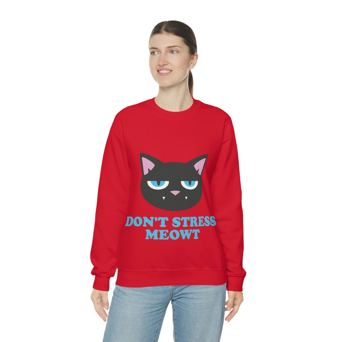 Don't Stress Meowt Funny Cat Meme Quotes Blue Text Unisex Heavy Blend™ Crewneck Sweatshirt Ichaku [Perfect Gifts Selection]