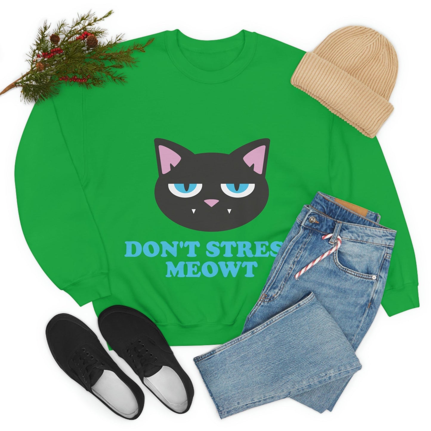 Don't Stress Meowt Funny Cat Meme Quotes Blue Text Unisex Heavy Blend™ Crewneck Sweatshirt Ichaku [Perfect Gifts Selection]