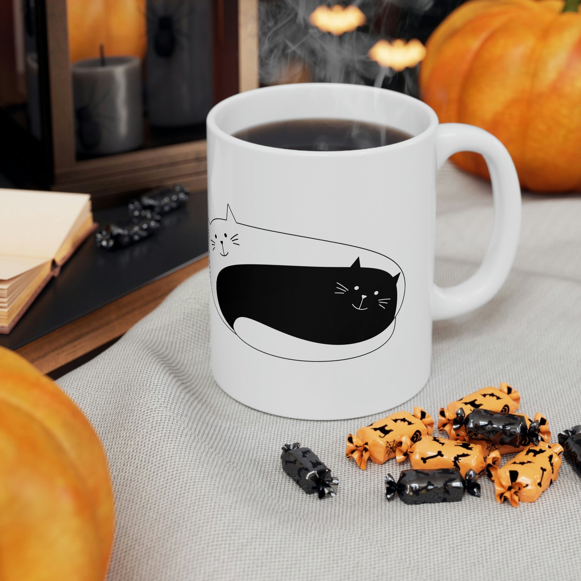 Dzen Cat Lovers Asian Style Cats Monochrome Ceramic Mug 11oz Ichaku [Perfect Gifts Selection]