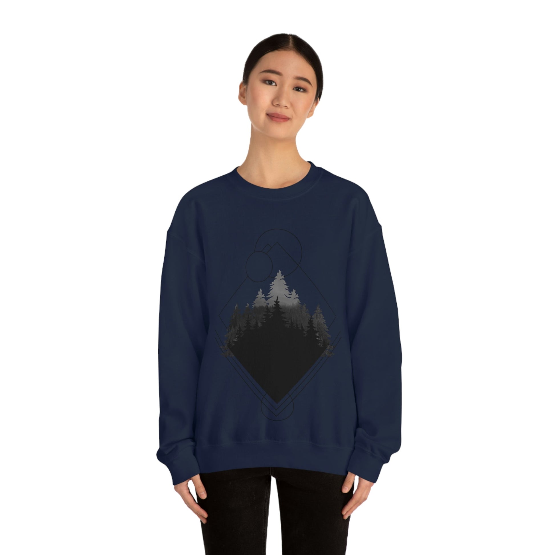 Forest Landscape Explore Monochrome Adventure Black Text Unisex Heavy Blend™ Crewneck Sweatshirt Ichaku [Perfect Gifts Selection]