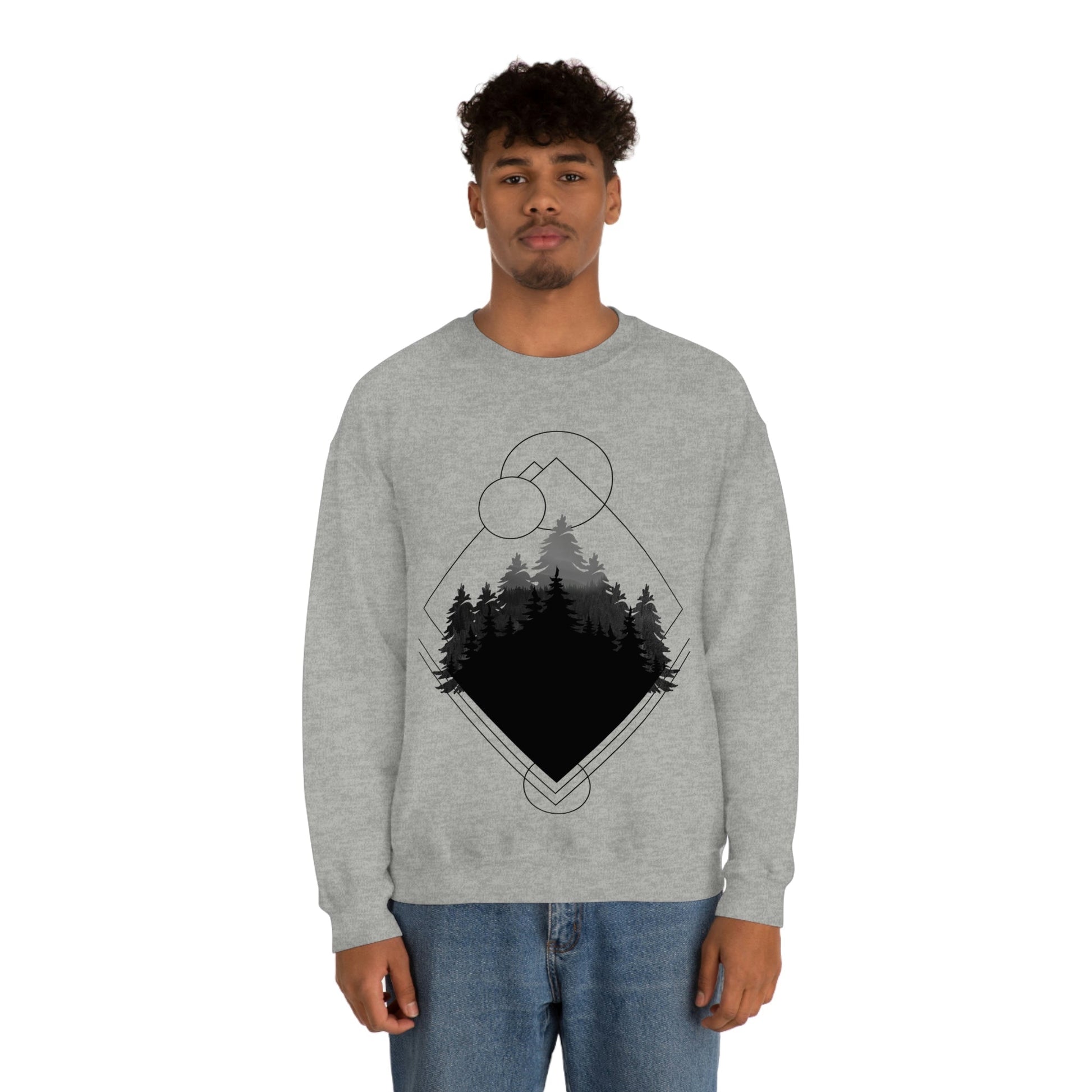 Forest Landscape Explore Monochrome Adventure Black Text Unisex Heavy Blend™ Crewneck Sweatshirt Ichaku [Perfect Gifts Selection]