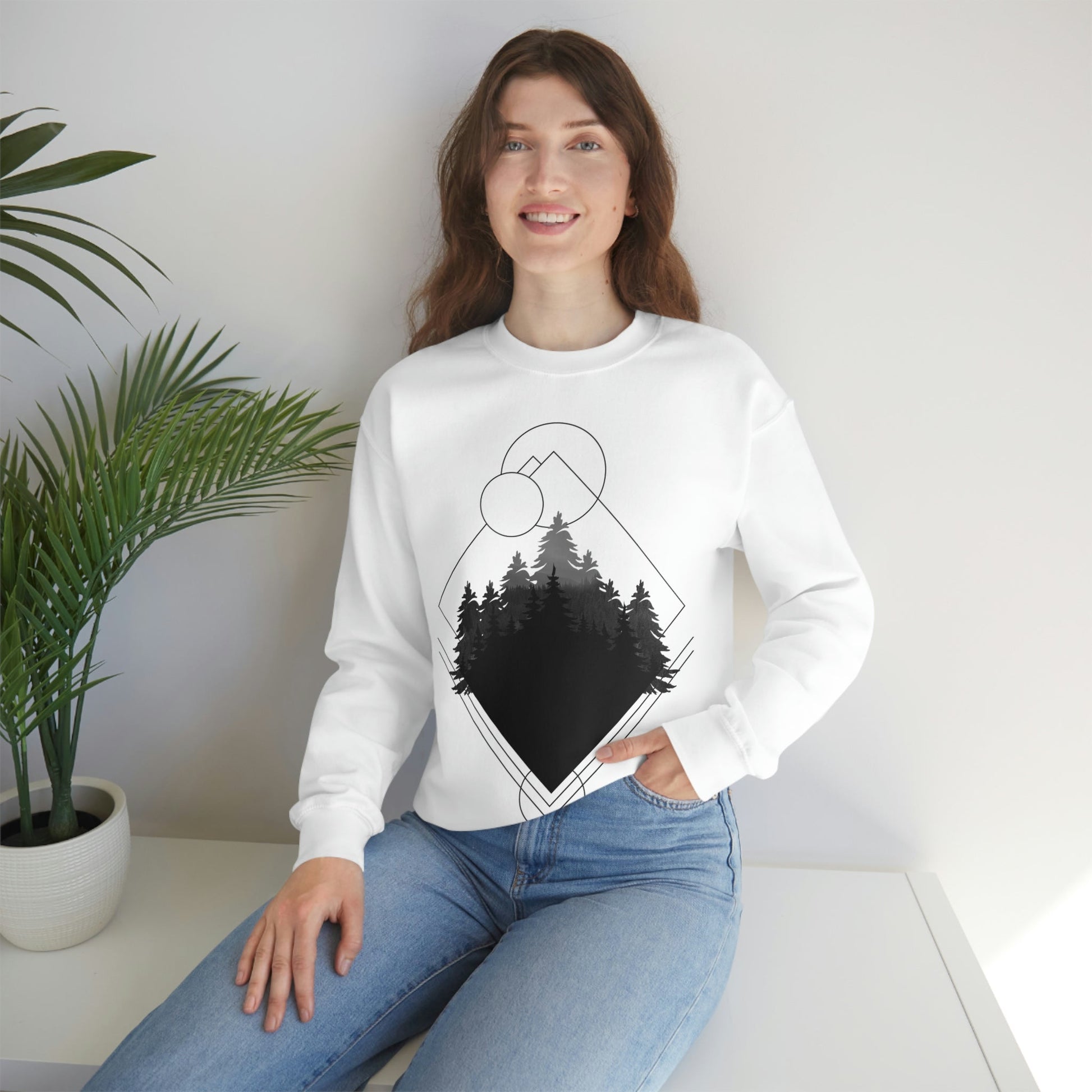 Forest Landscape Explore Monochrome Adventure Black Text Unisex Heavy Blend™ Crewneck Sweatshirt Ichaku [Perfect Gifts Selection]