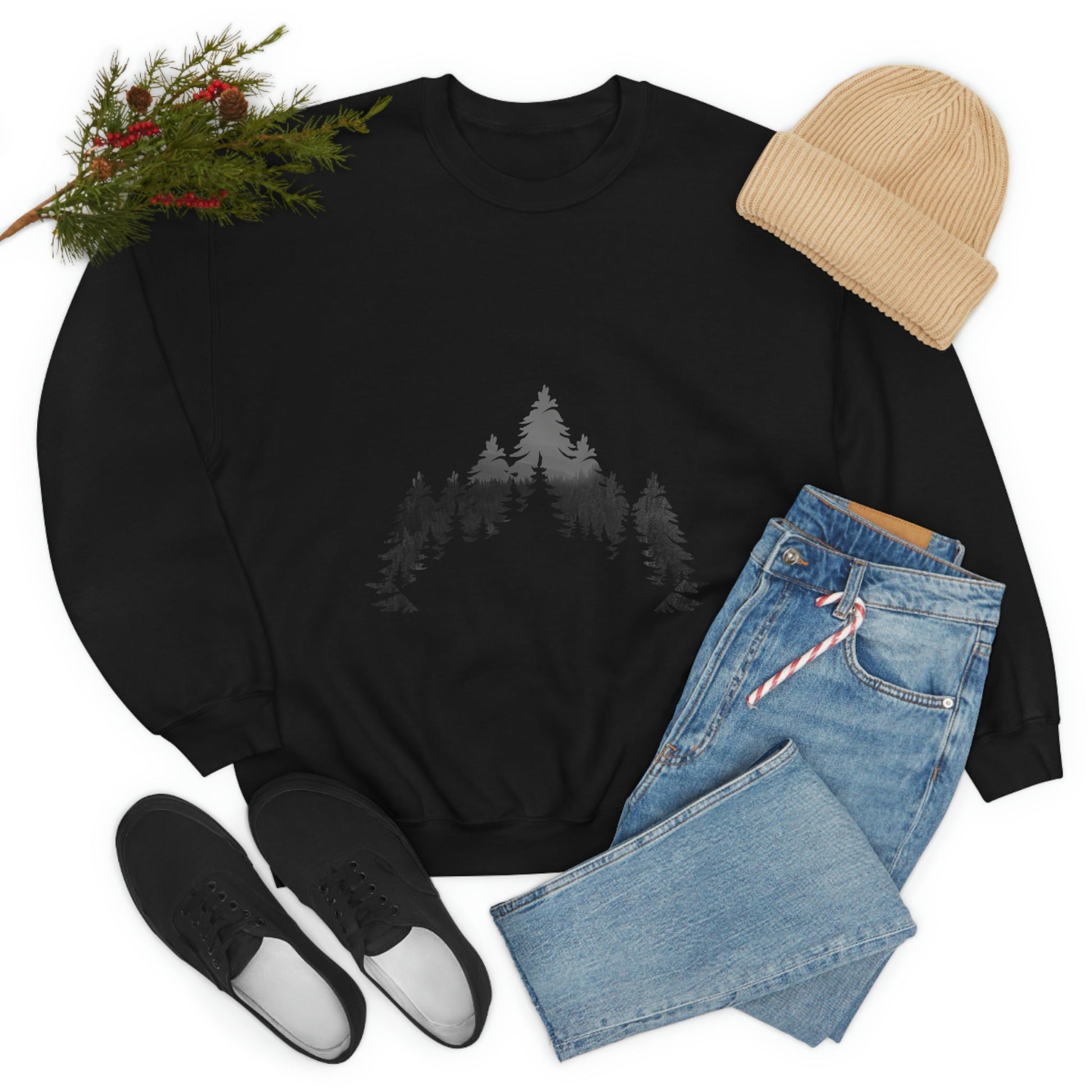 Forest Landscape Explore Monochrome Adventure Black Text Unisex Heavy Blend™ Crewneck Sweatshirt Ichaku [Perfect Gifts Selection]