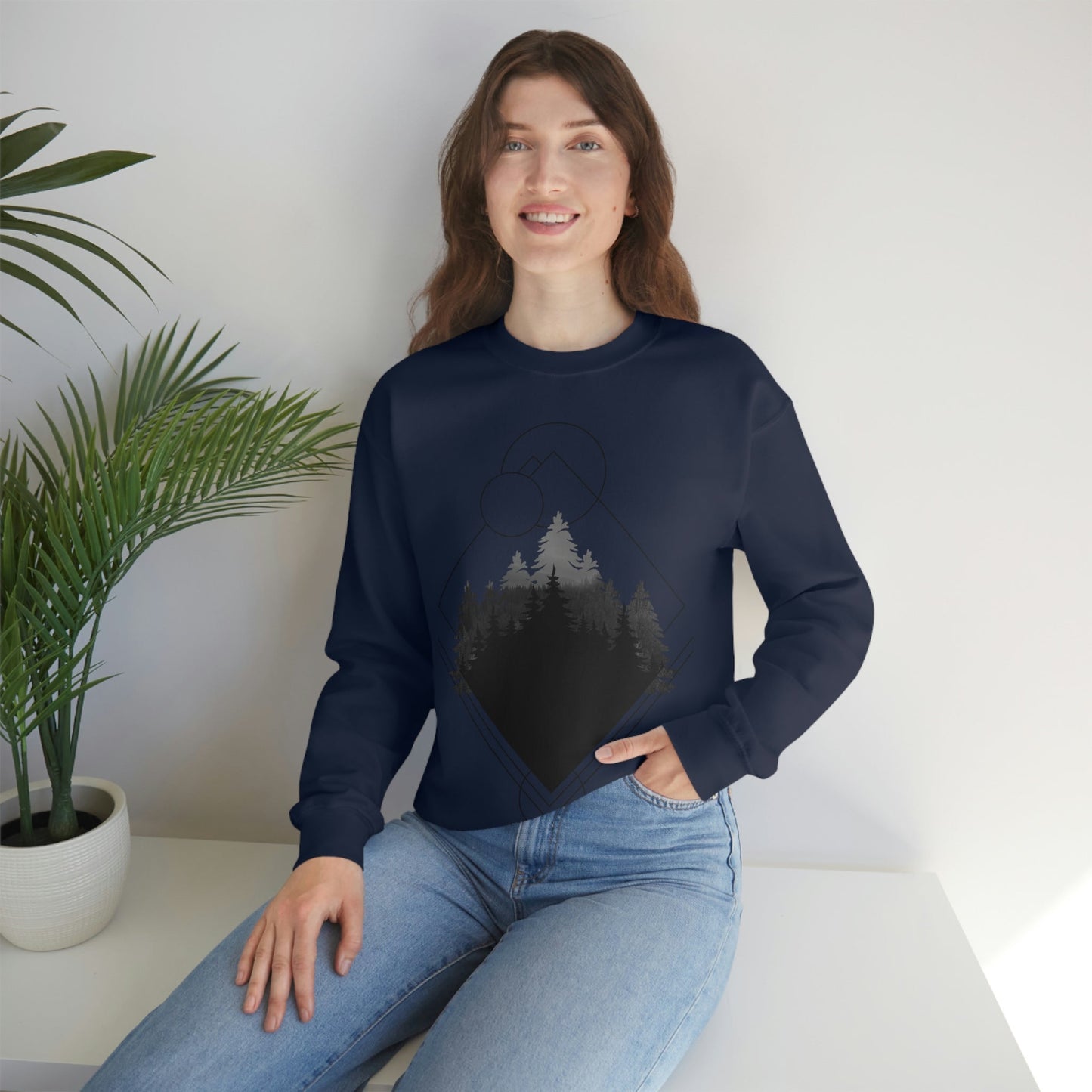 Forest Landscape Explore Monochrome Adventure Black Text Unisex Heavy Blend™ Crewneck Sweatshirt Ichaku [Perfect Gifts Selection]