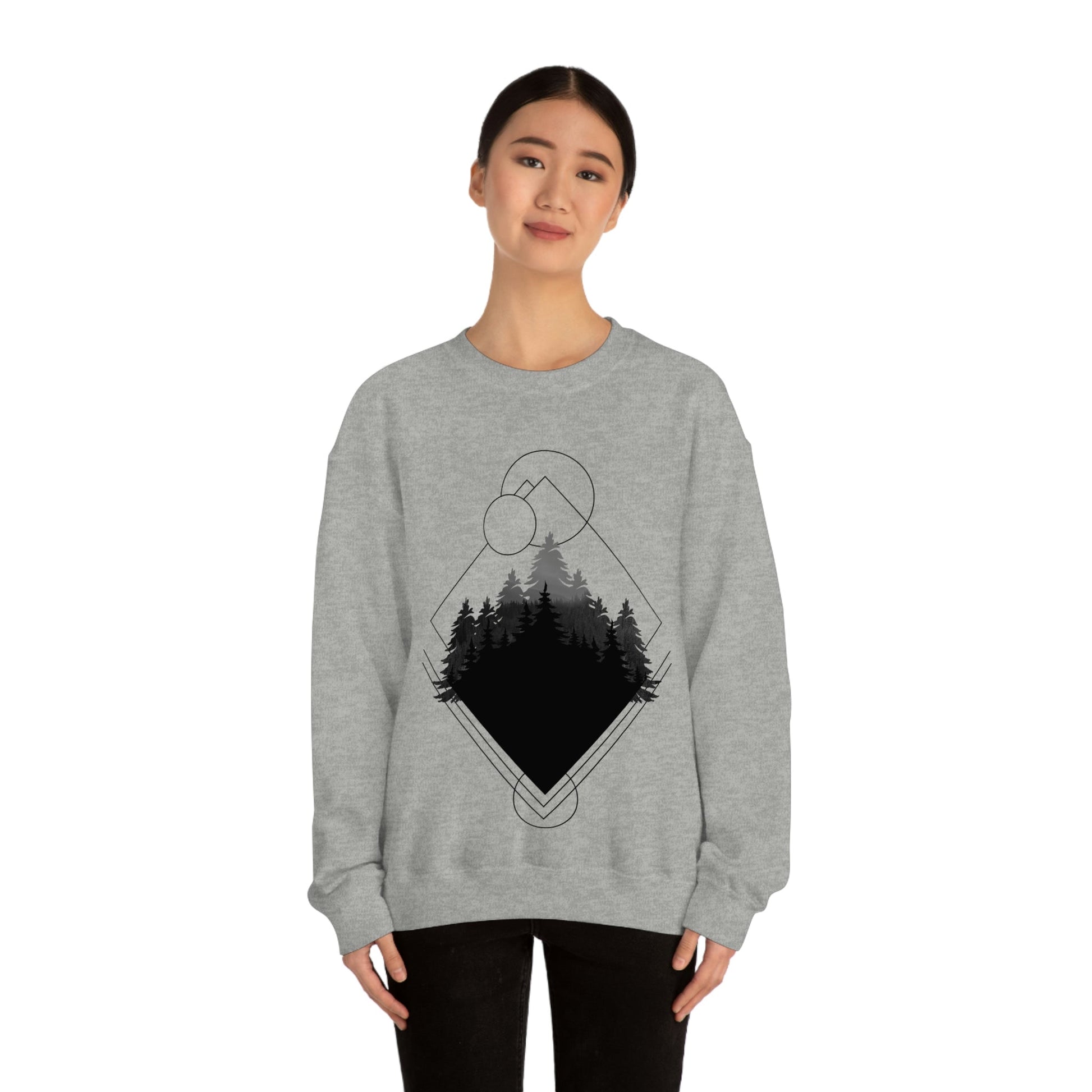 Forest Landscape Explore Monochrome Adventure Black Text Unisex Heavy Blend™ Crewneck Sweatshirt Ichaku [Perfect Gifts Selection]