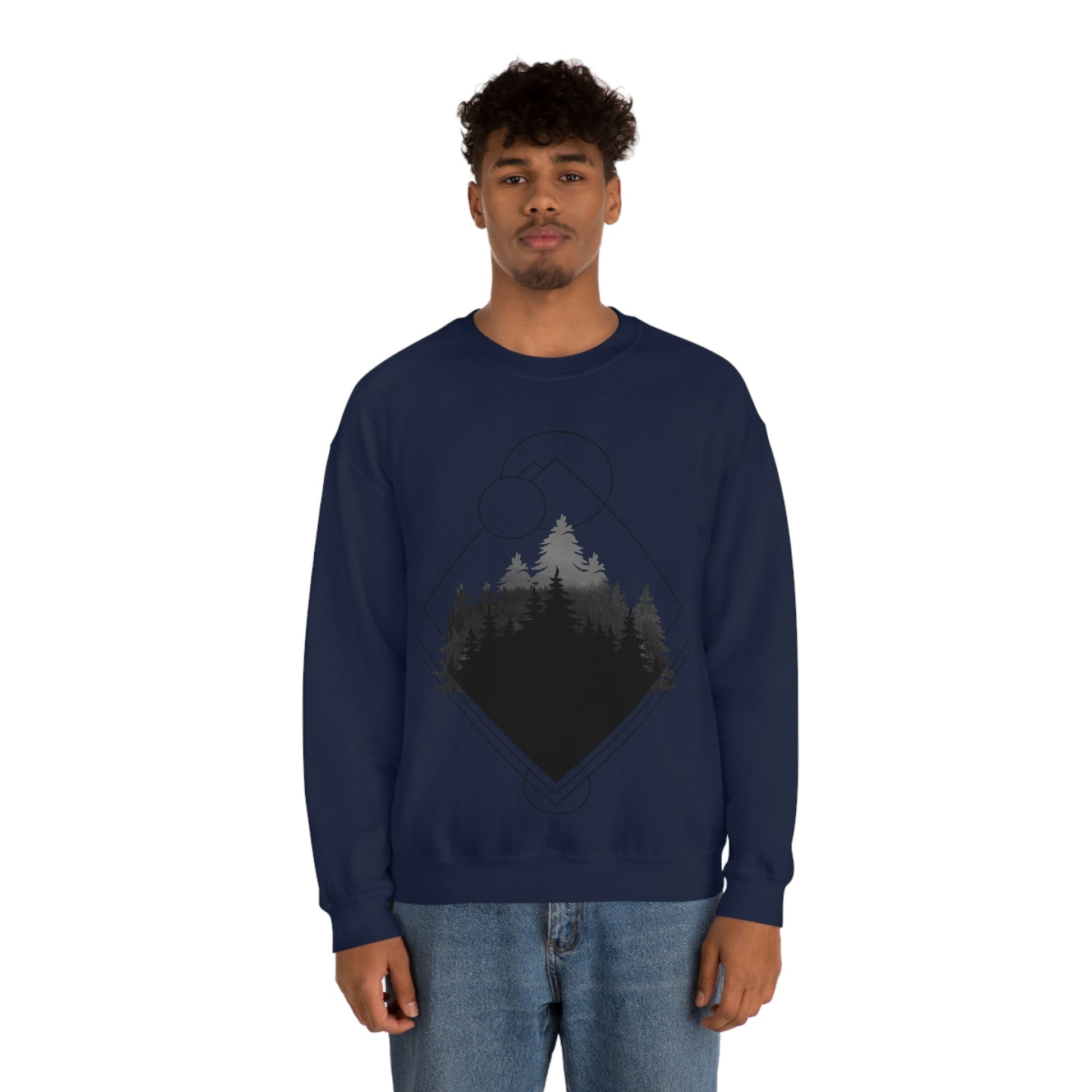 Forest Landscape Explore Monochrome Adventure Black Text Unisex Heavy Blend™ Crewneck Sweatshirt Ichaku [Perfect Gifts Selection]