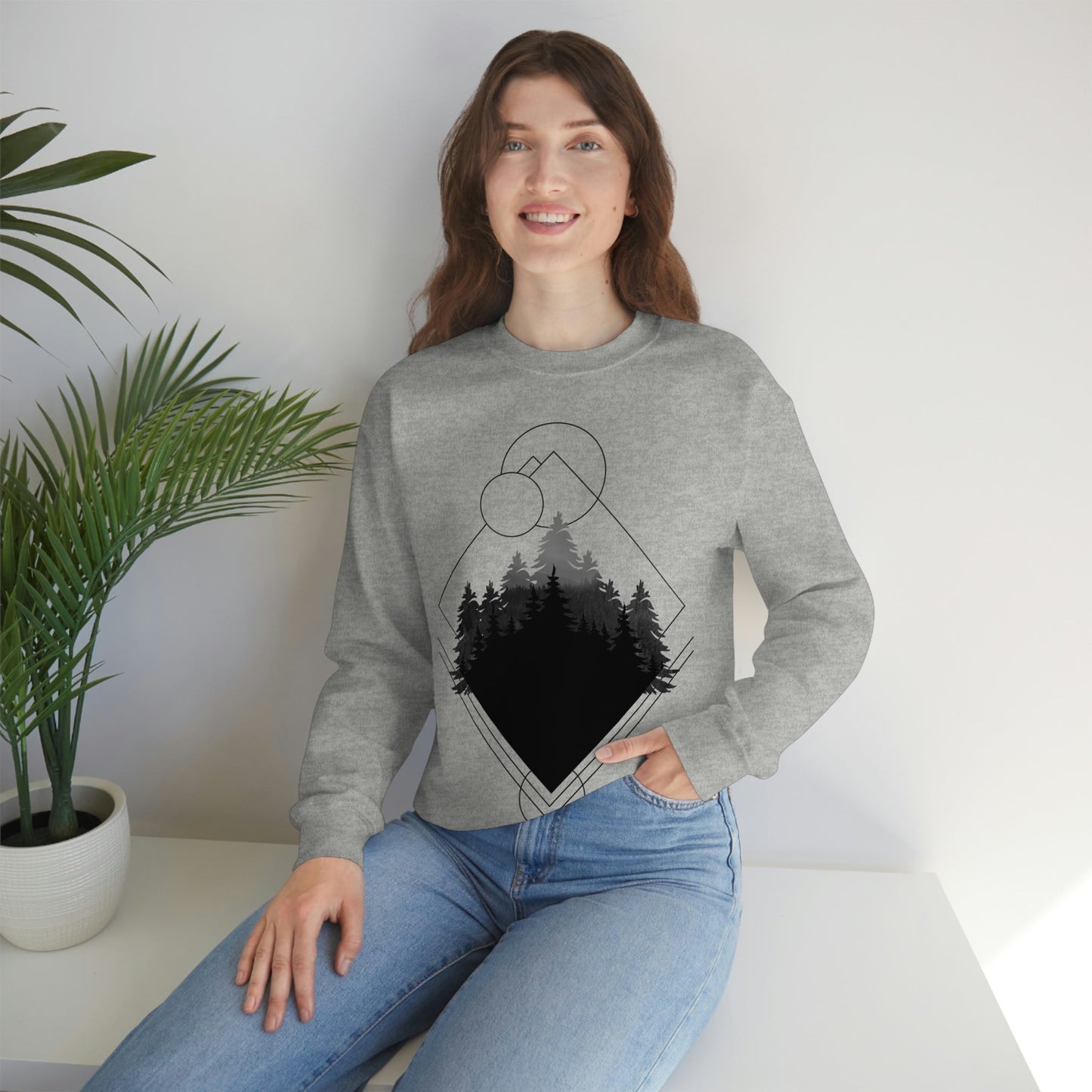 Forest Landscape Explore Monochrome Adventure Black Text Unisex Heavy Blend™ Crewneck Sweatshirt Ichaku [Perfect Gifts Selection]