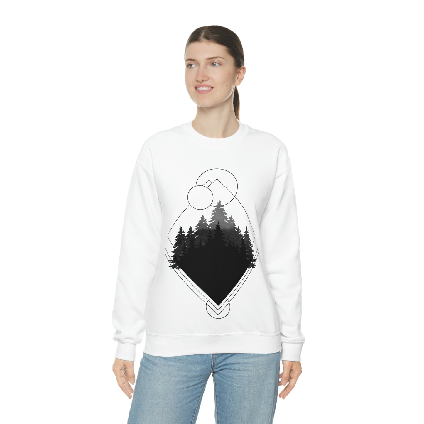 Forest Landscape Explore Monochrome Adventure Black Text Unisex Heavy Blend™ Crewneck Sweatshirt Ichaku [Perfect Gifts Selection]