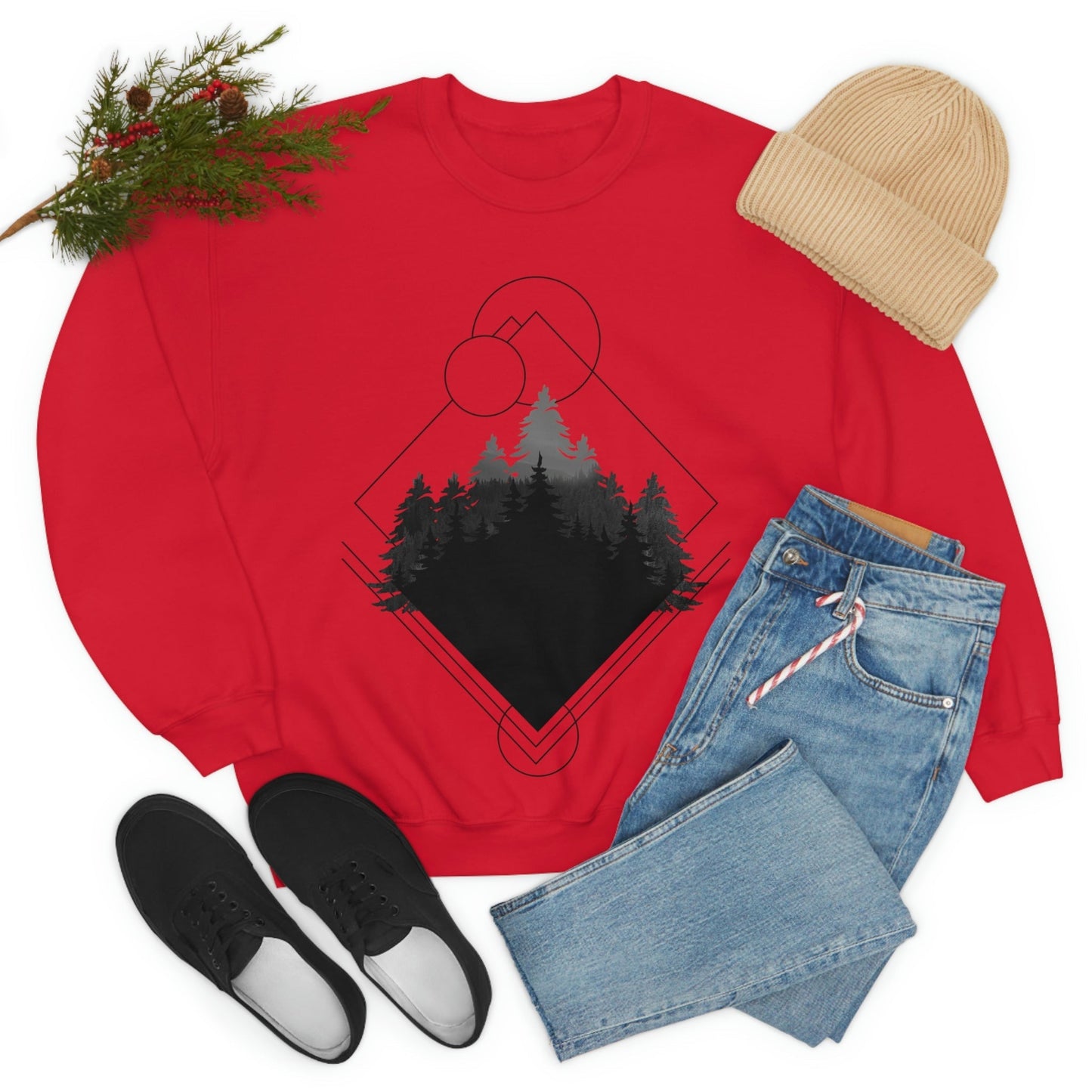 Forest Landscape Explore Monochrome Adventure Black Text Unisex Heavy Blend™ Crewneck Sweatshirt Ichaku [Perfect Gifts Selection]