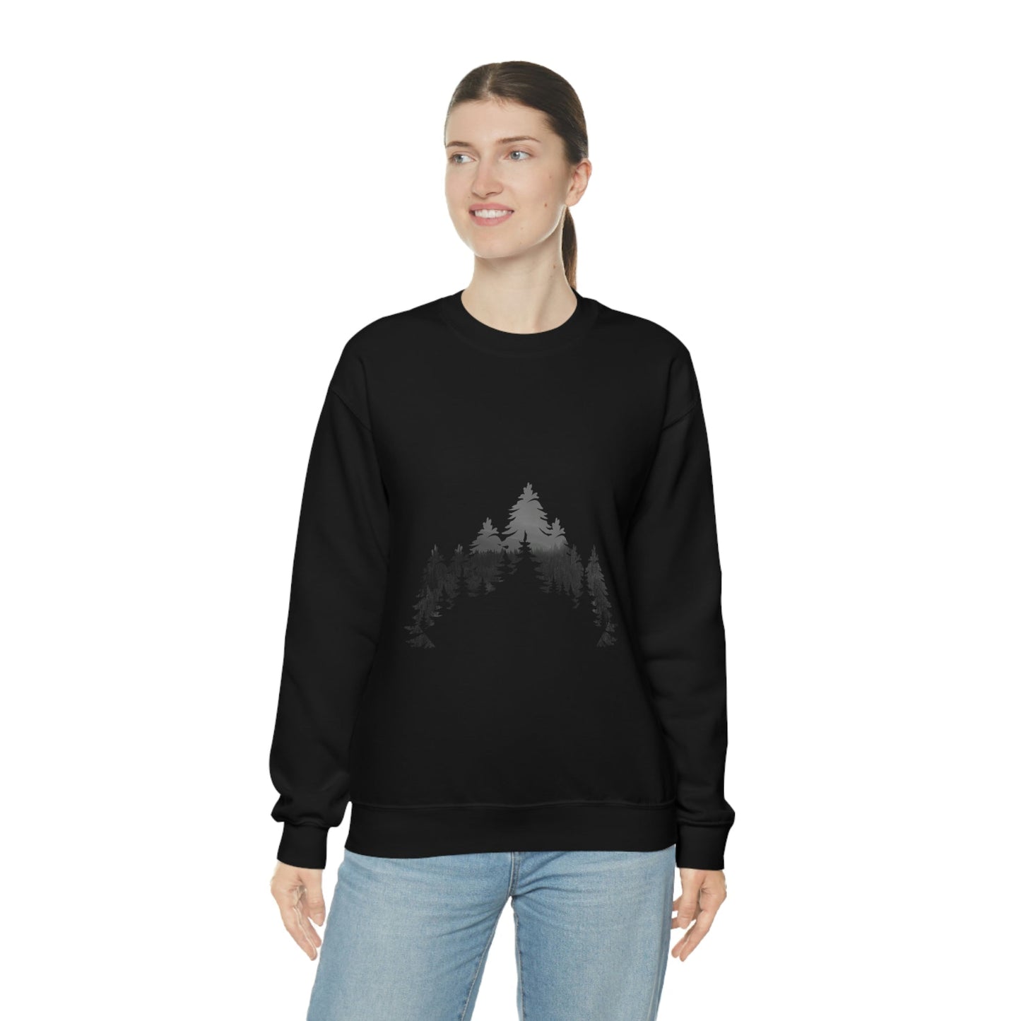 Forest Landscape Explore Monochrome Adventure Black Text Unisex Heavy Blend™ Crewneck Sweatshirt Ichaku [Perfect Gifts Selection]