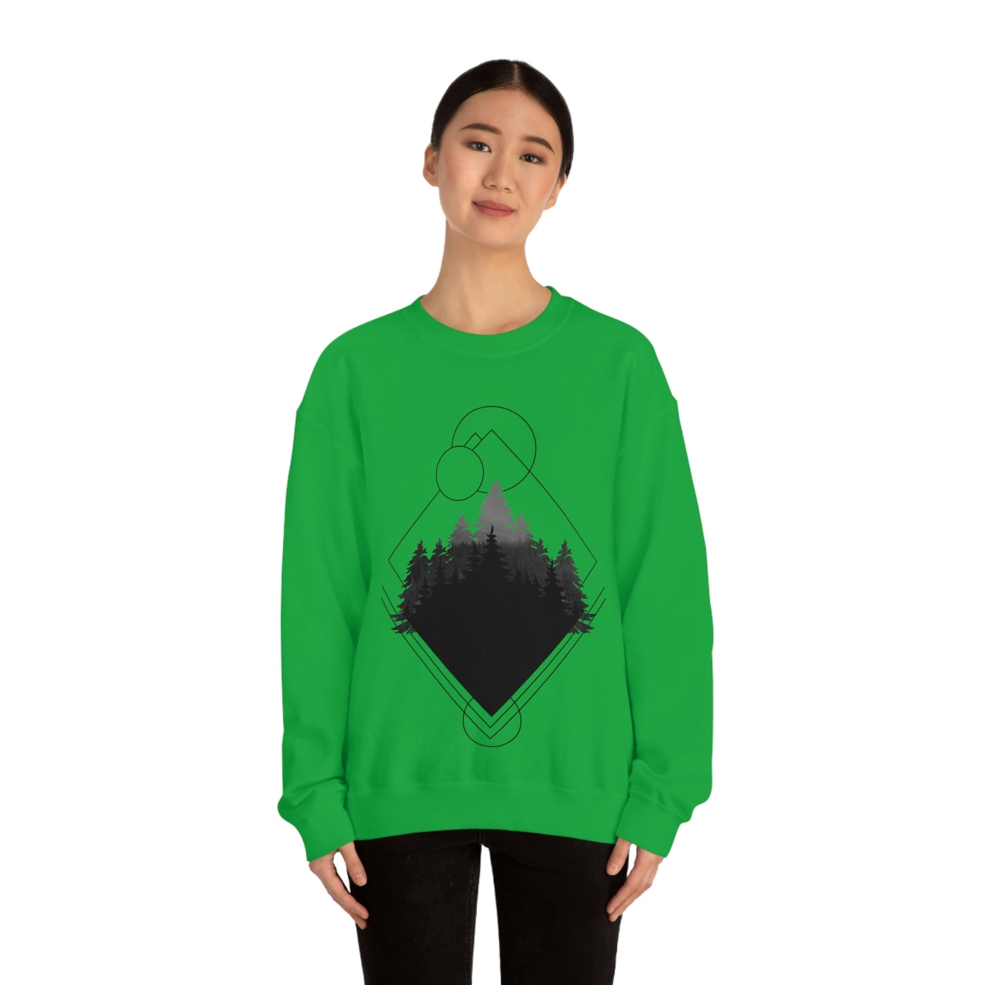 Forest Landscape Explore Monochrome Adventure Black Text Unisex Heavy Blend™ Crewneck Sweatshirt Ichaku [Perfect Gifts Selection]