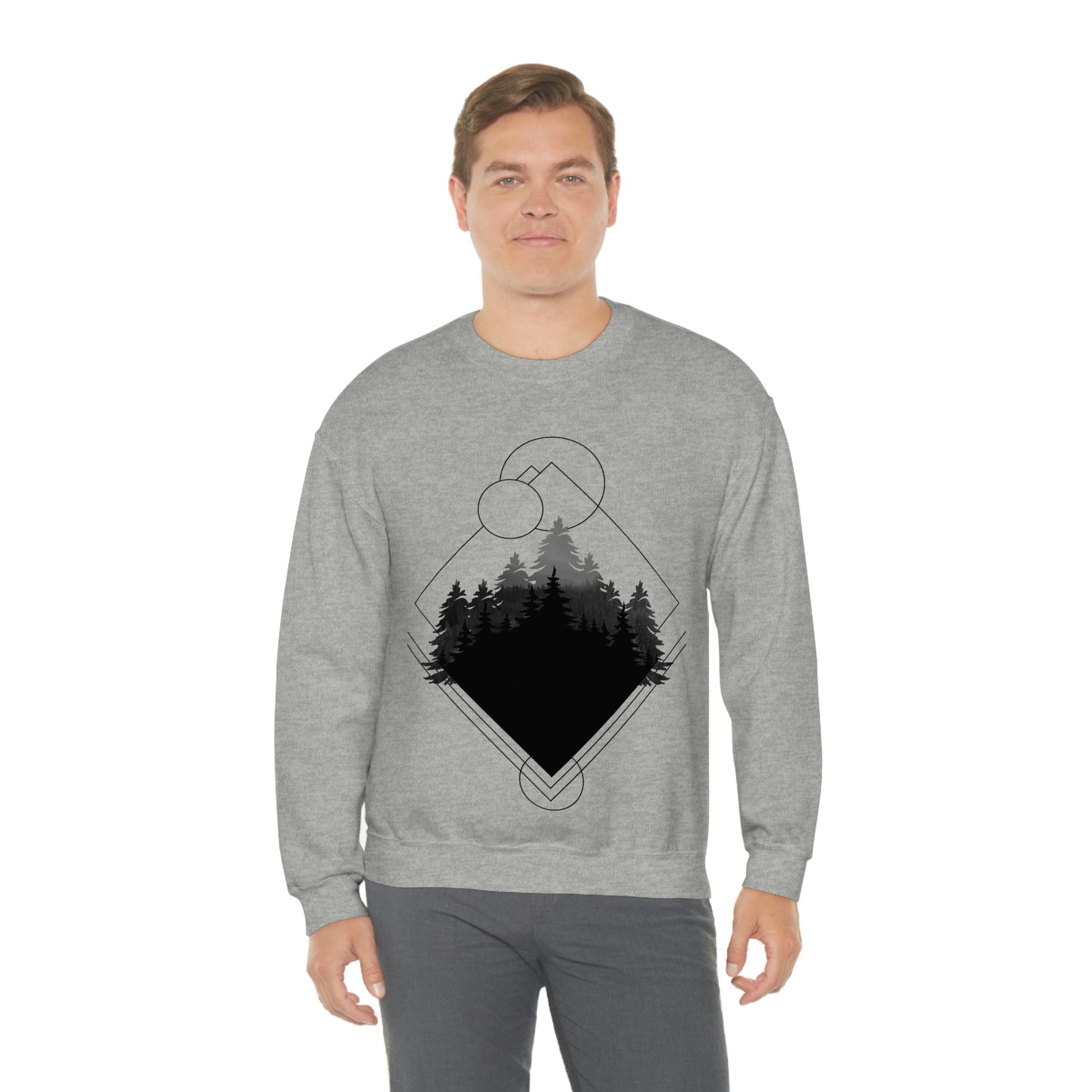 Forest Landscape Explore Monochrome Adventure Black Text Unisex Heavy Blend™ Crewneck Sweatshirt Ichaku [Perfect Gifts Selection]