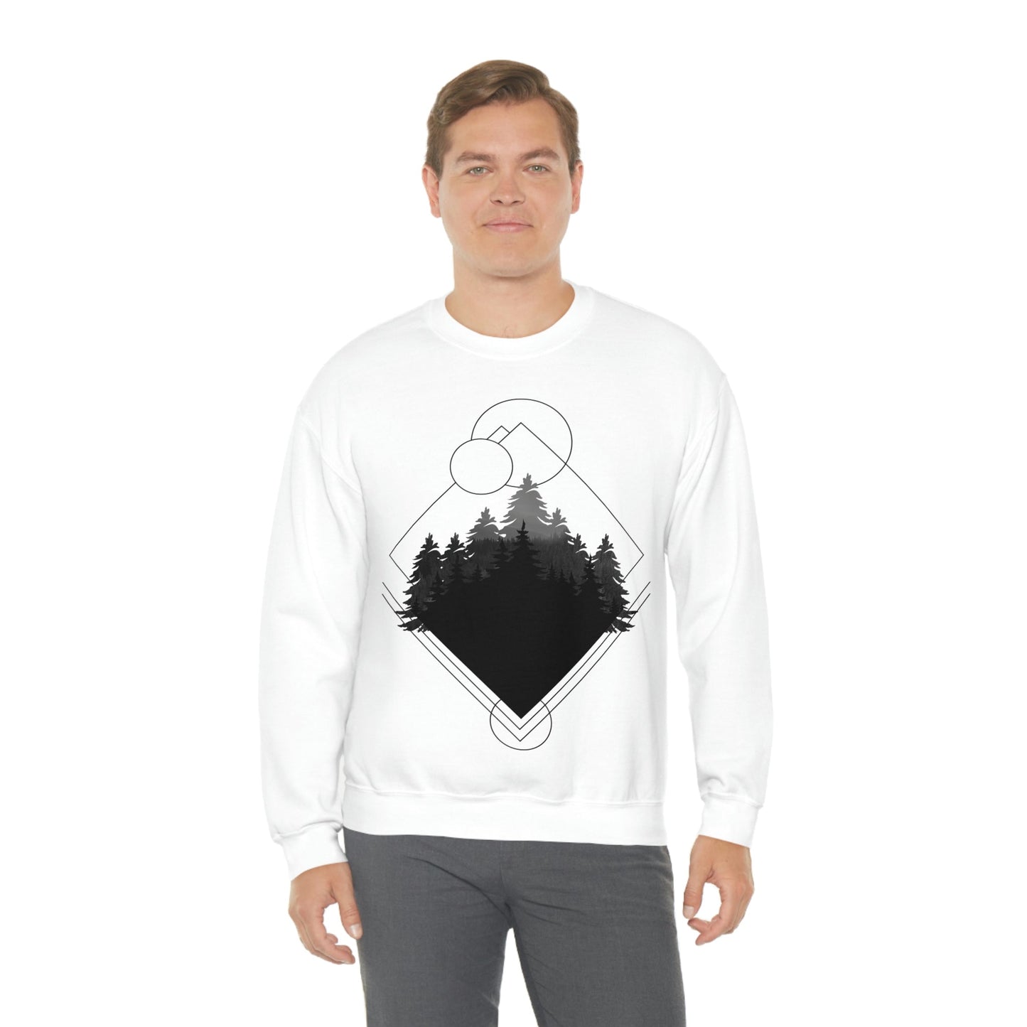 Forest Landscape Explore Monochrome Adventure Black Text Unisex Heavy Blend™ Crewneck Sweatshirt Ichaku [Perfect Gifts Selection]