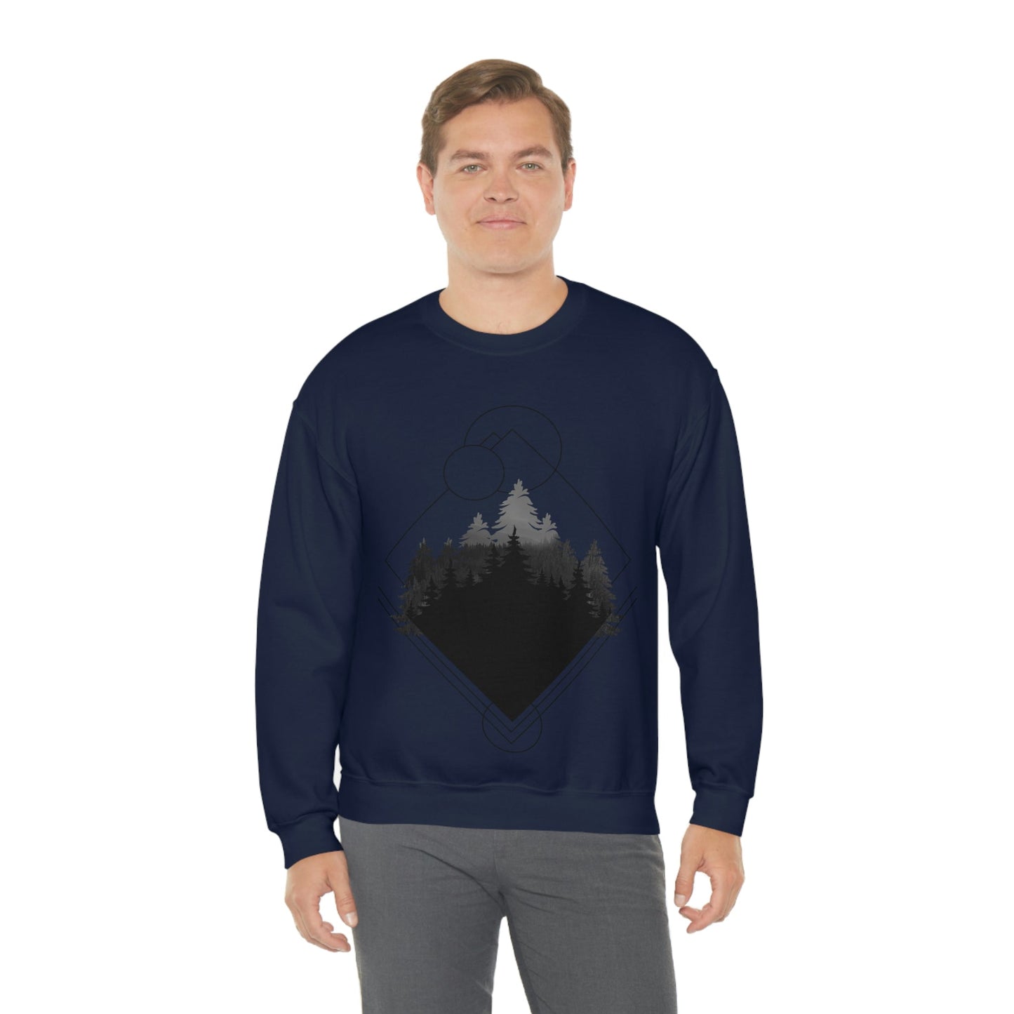 Forest Landscape Explore Monochrome Adventure Black Text Unisex Heavy Blend™ Crewneck Sweatshirt Ichaku [Perfect Gifts Selection]