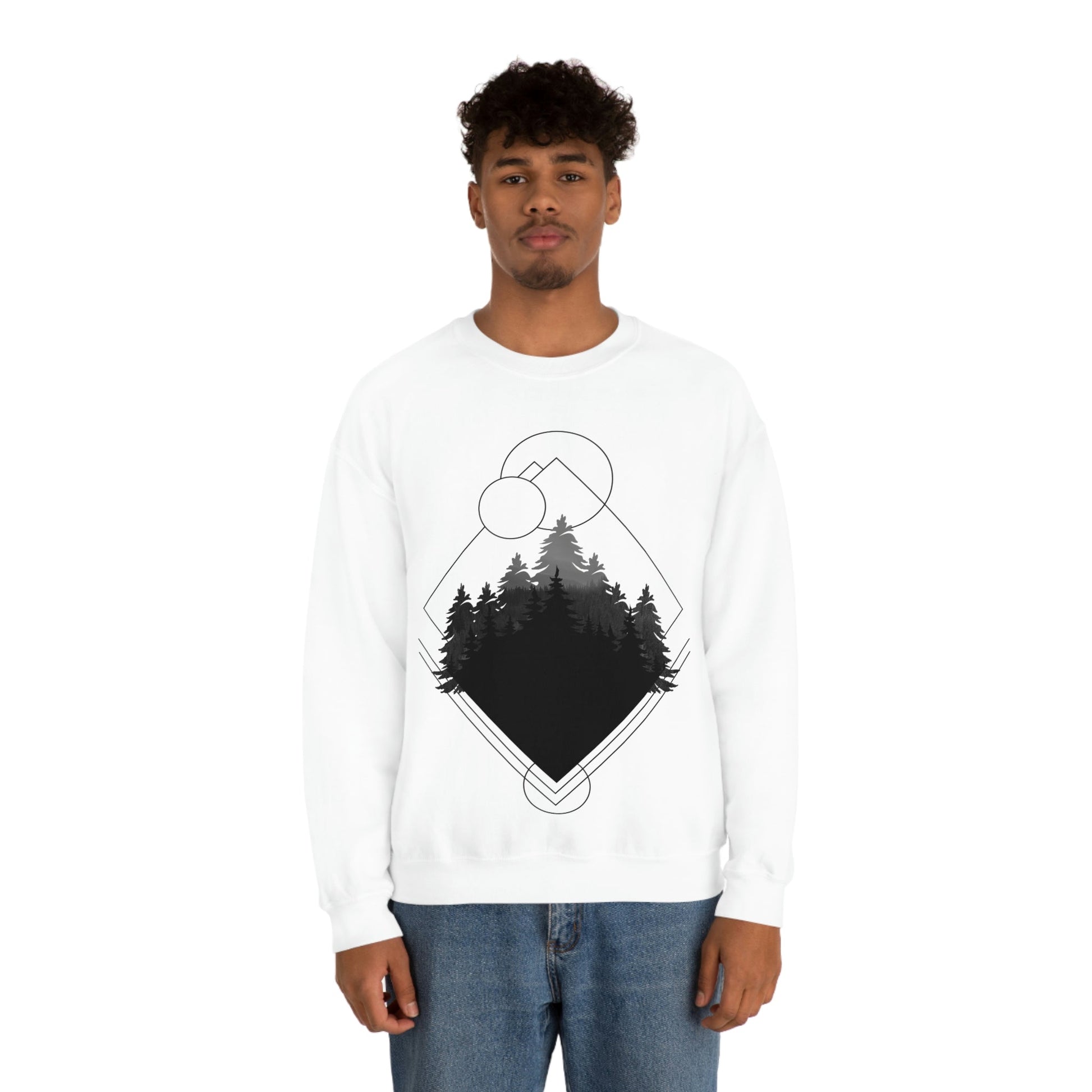 Forest Landscape Explore Monochrome Adventure Black Text Unisex Heavy Blend™ Crewneck Sweatshirt Ichaku [Perfect Gifts Selection]